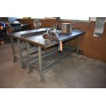 METAL FRAMED WORKBENCH WITH 5" CRAFTSMAN VISE, BENCH IS 6' x 30", NO CONTENTS