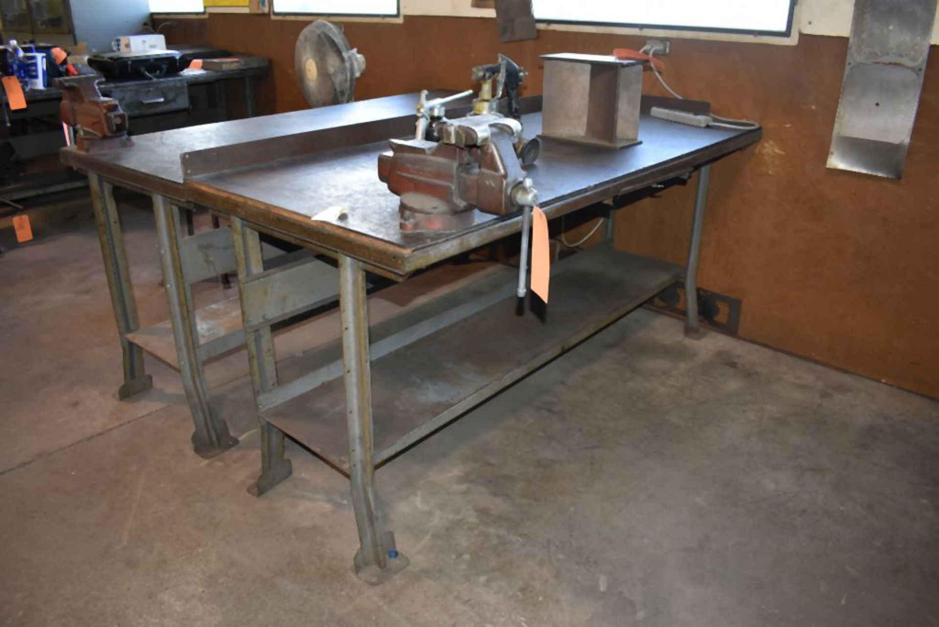 METAL FRAMED WORKBENCH WITH 5" CRAFTSMAN VISE, BENCH IS 6' x 30", NO CONTENTS