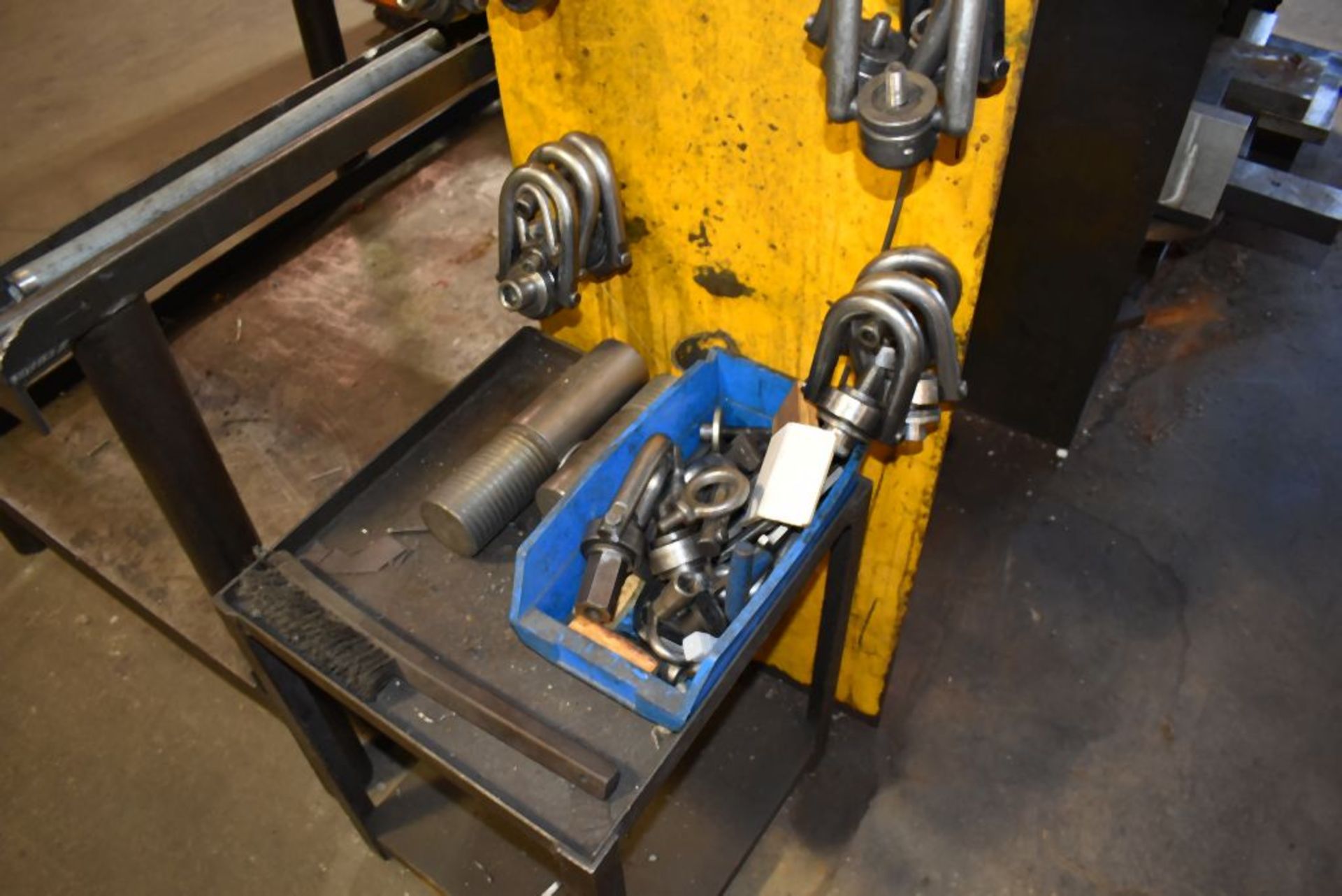 WALL OF MOSTLY EYE BOLTS, CLAMPING, REGULAR, SWIVEL, TIN SNIPS AND SMALL METAL TABLE - Image 3 of 3