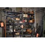 (2) SHELVING UNITS WITH CONTENTS - INCLUDES PIPE CUTTER, VISE, WIRE AND STEEL CASTERS
