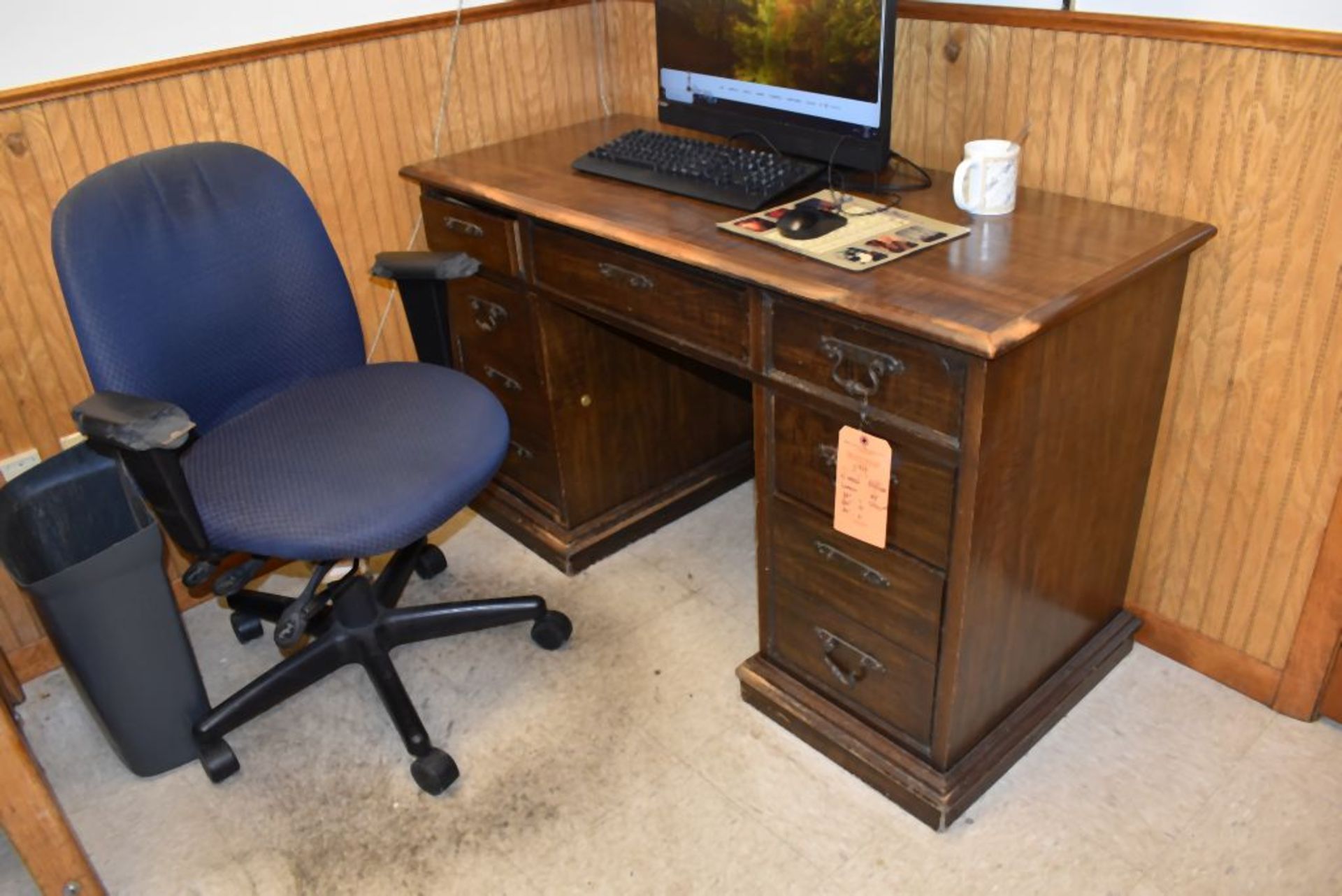 WOOD OFFICE DESK WITH CHAIR, 59"L x 22"D x 30"H