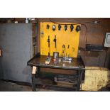 STEEL TWO TIER WORK TABLE WITH TOOL BOARD AND CONTENTS; SWIVEL EYE BOLTS, EYE BOLTS AND MISC., TABLE