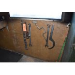 MISC. WRENCHES, TWO GANG LIFTING CHAIN, (HANGING ON WALL)