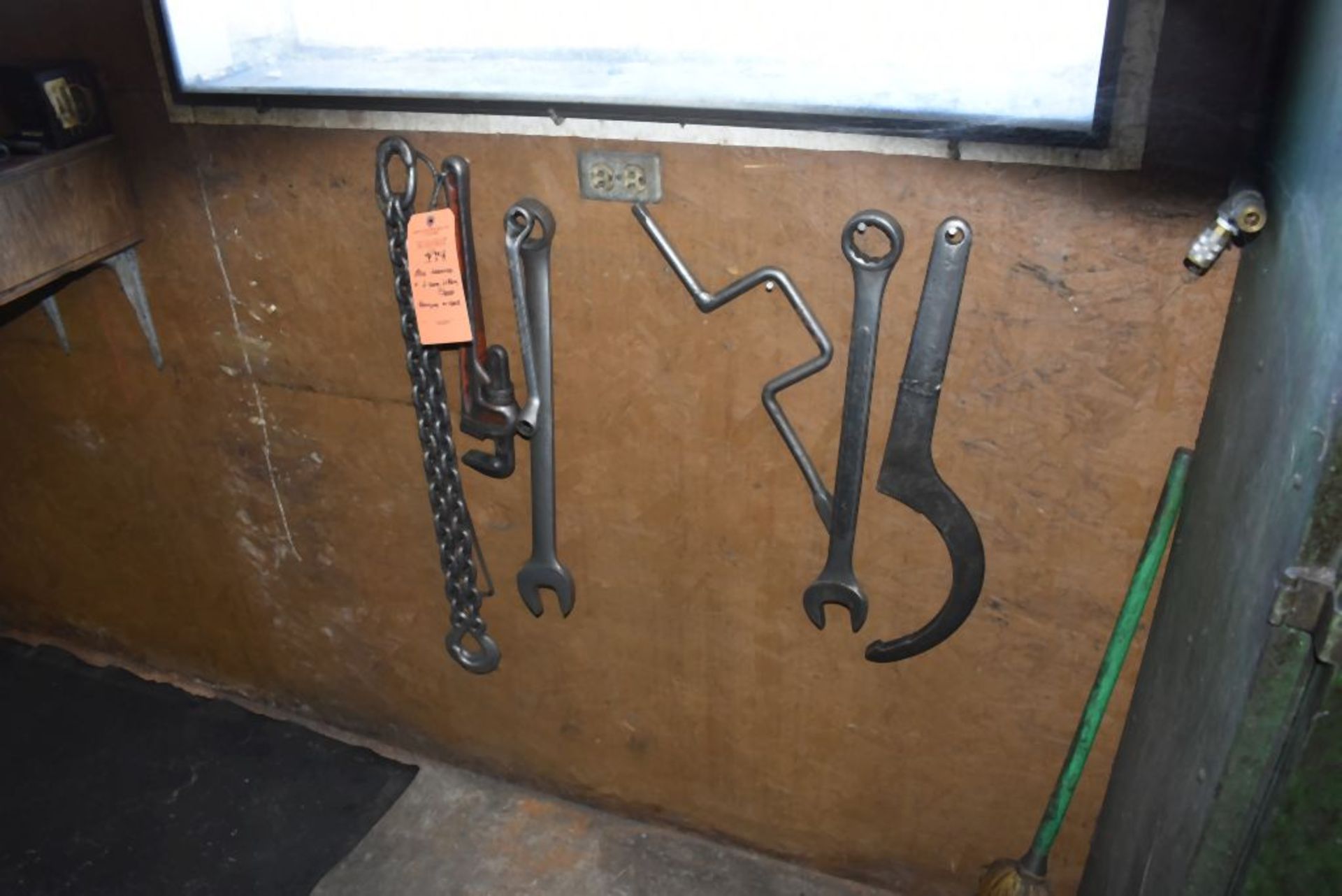MISC. WRENCHES, TWO GANG LIFTING CHAIN, (HANGING ON WALL)