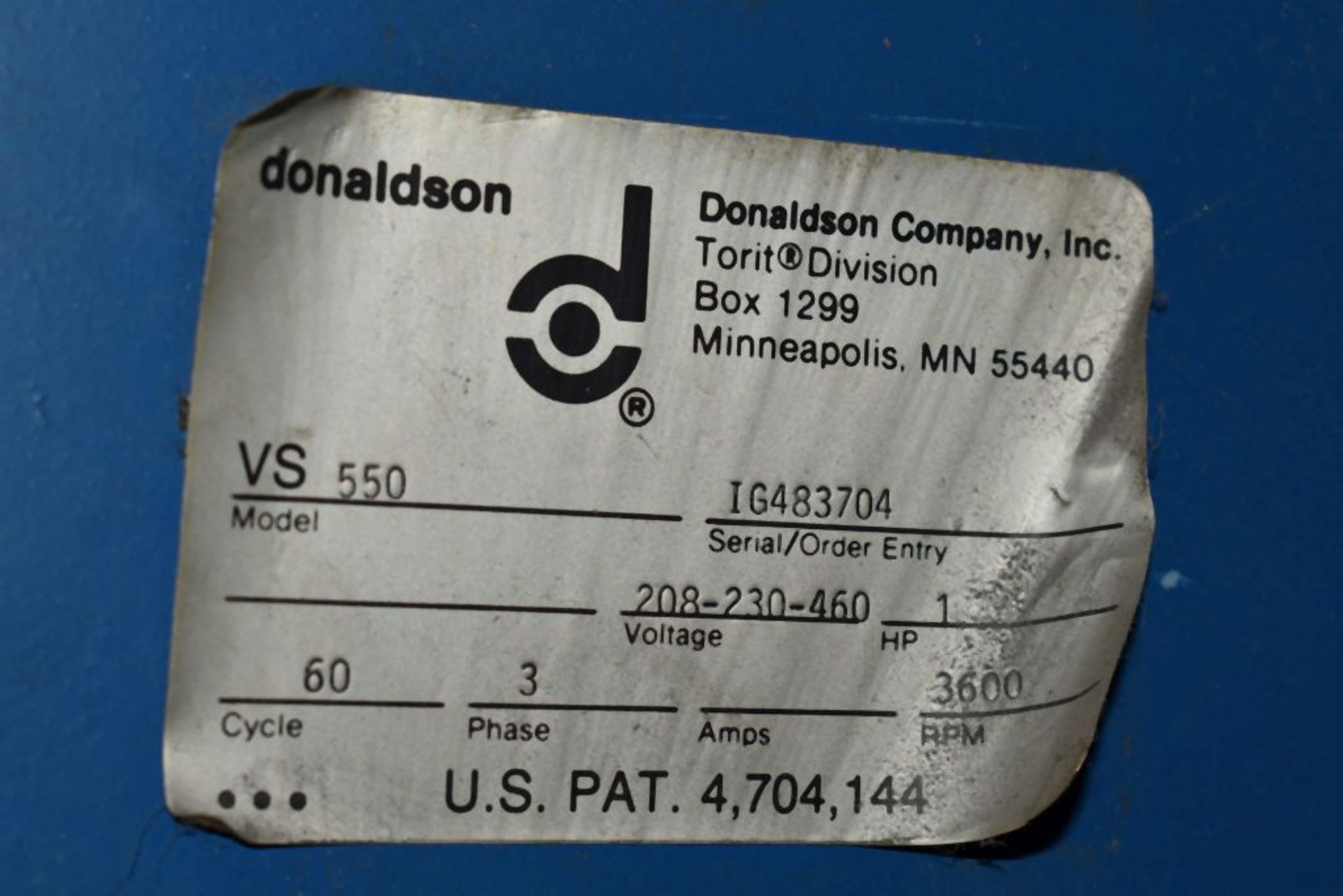 TORIT/DONALDSON DUST COLLECTOR, MODEL VS-550, S/N: IG483704, 1 H.P., 3 PHASE, 3600 RPM, DUCTING - Image 2 of 2