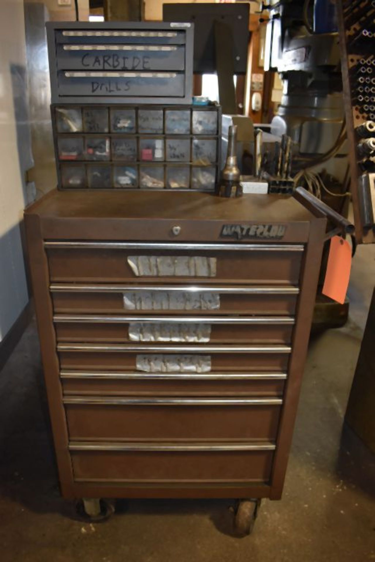 SEVEN DRAWER WATERLOO TOOL BOX WITH CONTENTS; COLLETS, HOLD DOWNS, DRILL ORGANIZER, ETC.