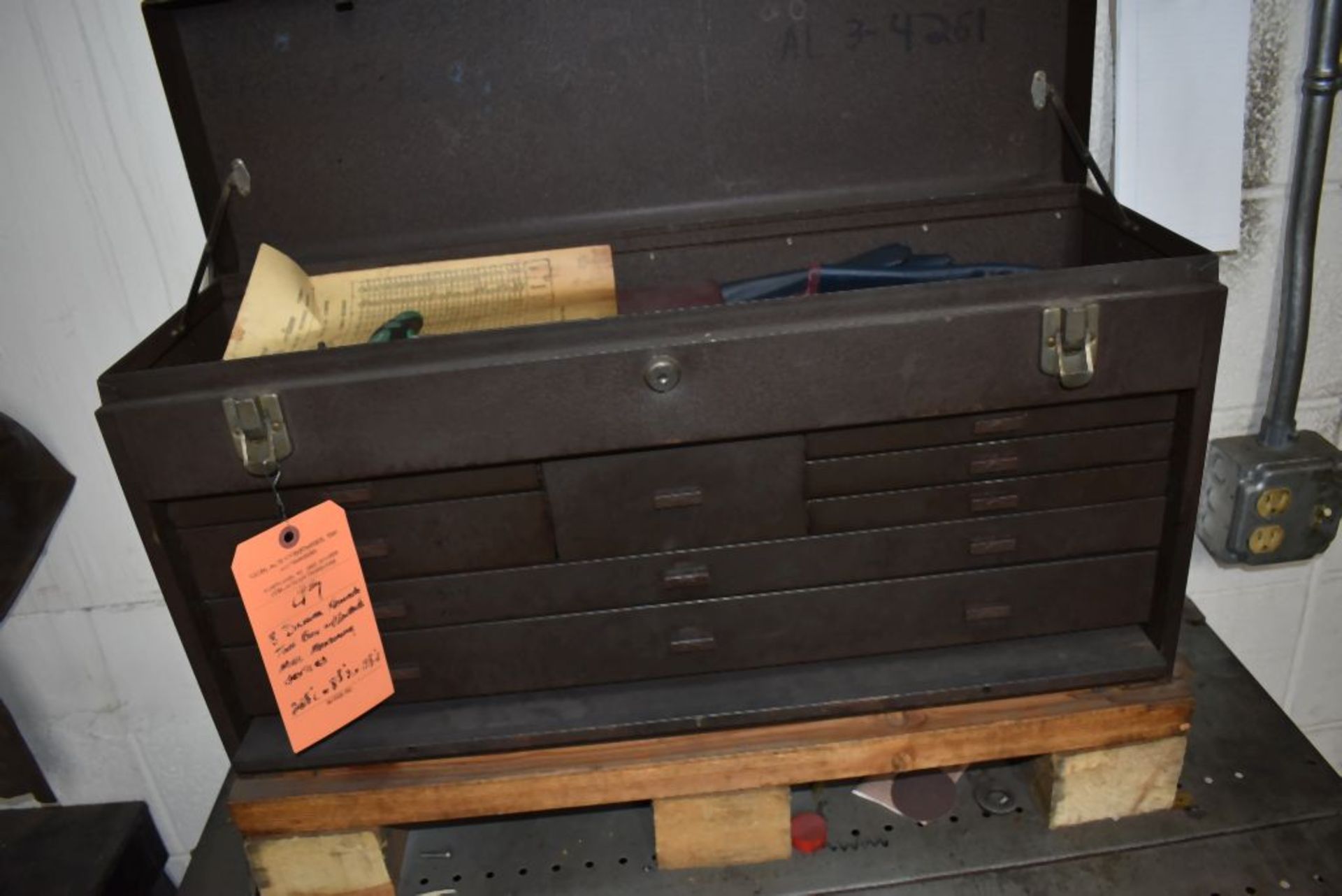 EIGHT DRAWER KENNEDY TOOL BOX WITH CONTENTS, MISC. MEASURING DEVICES, 26 1/2"L x 8 1/2"D x 13 1/2"H
