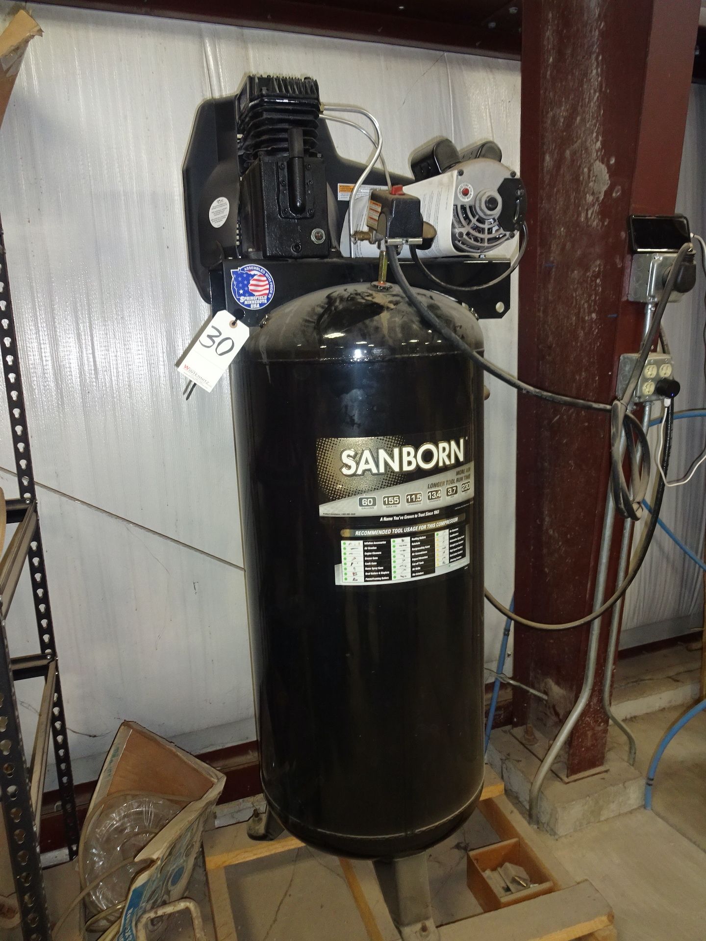 SANBORN 3.7 RHP MODEL SLA3706056 VERTICAL AIR COMPRESSOR, 60 GAL. TANK, 155 MAX PSI, 11.5 CFM@ - Image 2 of 2