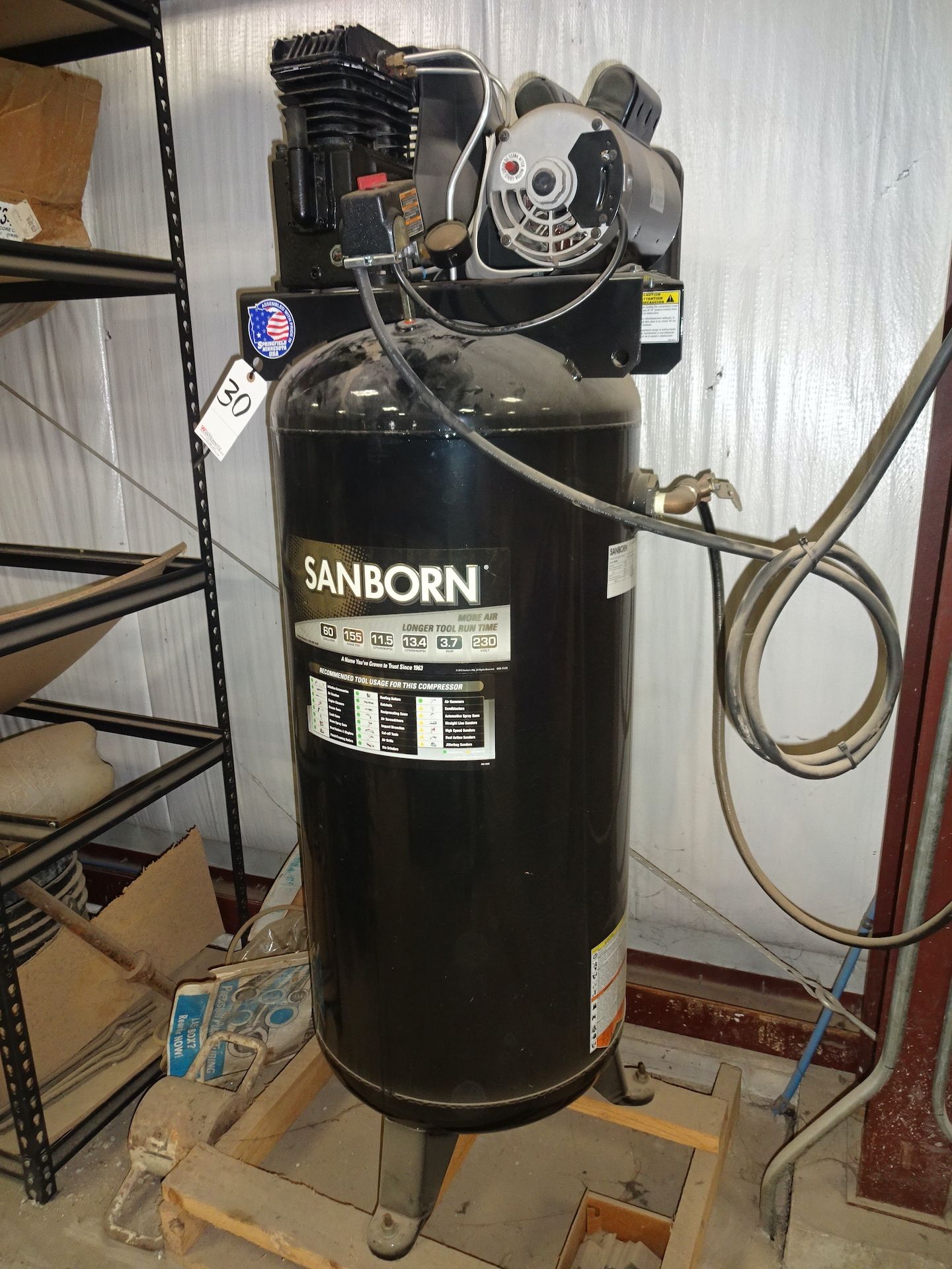 SANBORN 3.7 RHP MODEL SLA3706056 VERTICAL AIR COMPRESSOR, 60 GAL. TANK, 155 MAX PSI, 11.5 CFM@