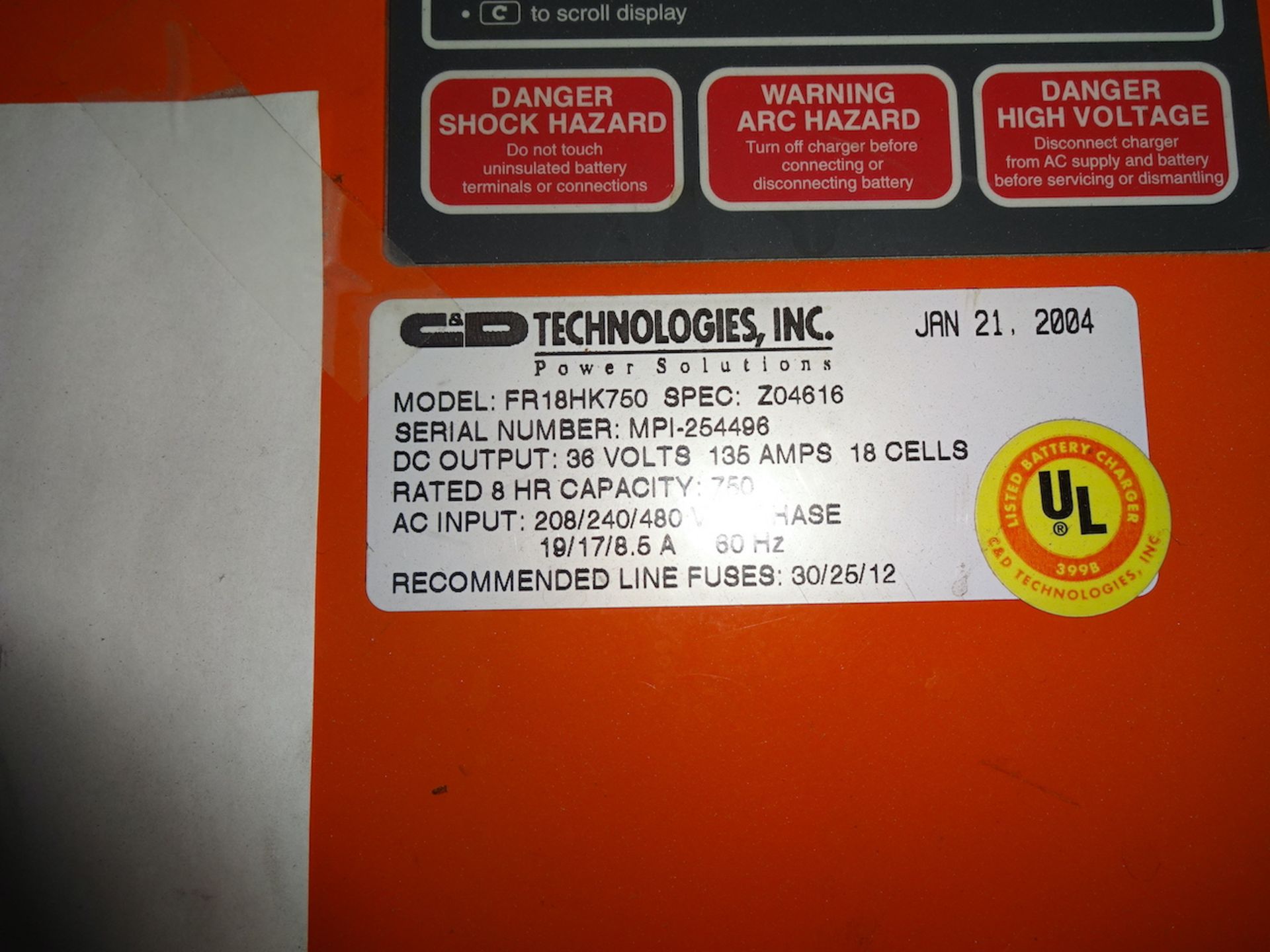 C&D TECHNOLOGIES FR SERIES FERRO FIVE MODEL FR18HK750 INDUSTRIAL BATTERY CHARGER, S/N MPI-254496 ( - Image 2 of 2