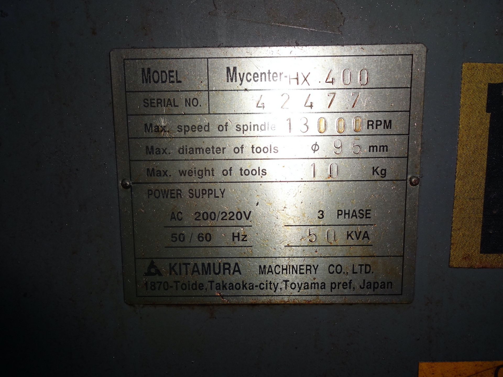 KITAMURA MODEL MYCENTER HX400 CNC HORIZONTAL MACHINING CENTER, S/N 42477, 13,000 RPM MAX SPINDLE - Image 8 of 31