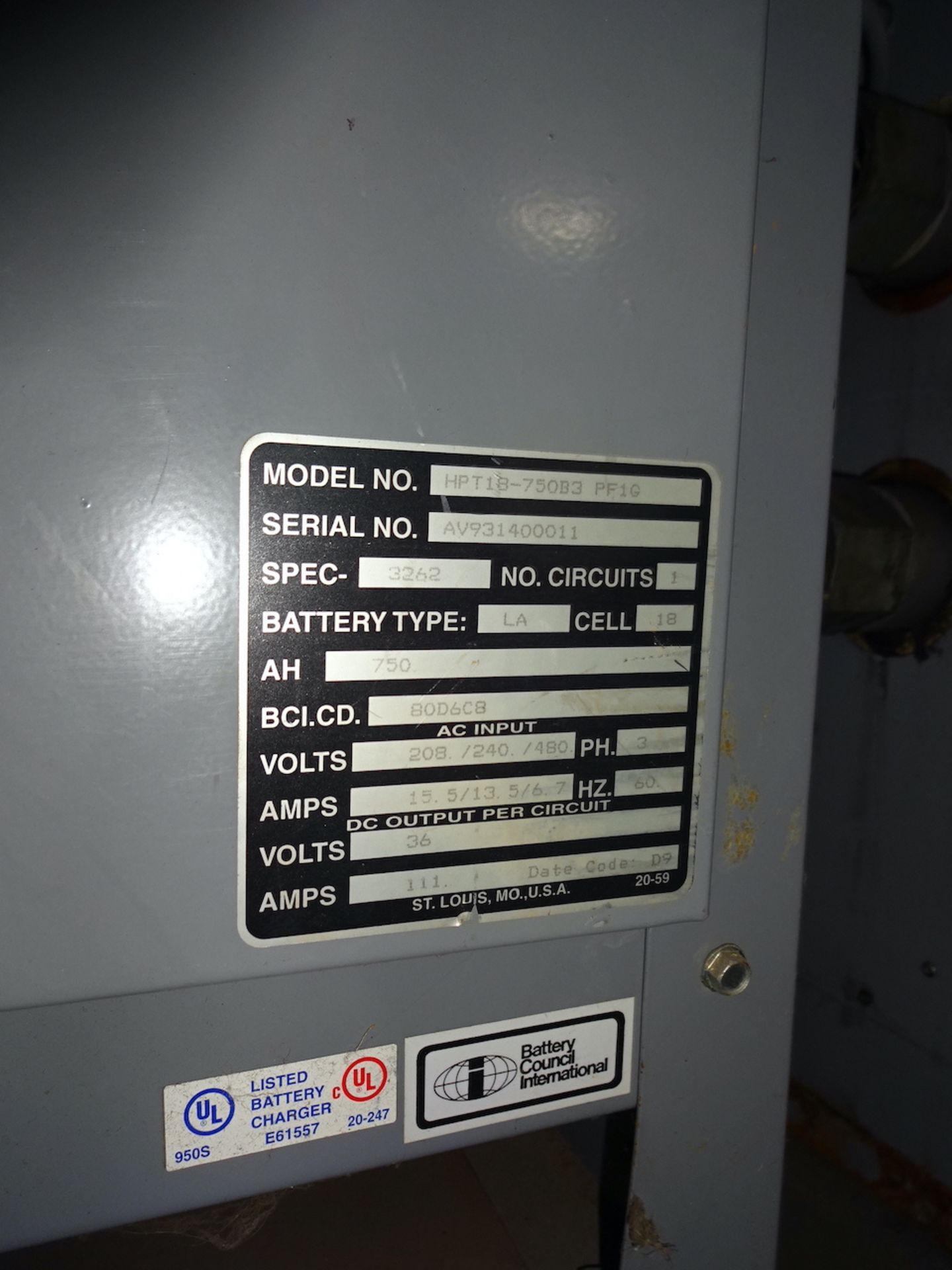 POWER FACTOR MODEL HPT18-750B3 PF1GINDUSTRIAL BATTERY CHARGER, S/N AV931400011, 18-CELL, 208/240/ - Image 2 of 2