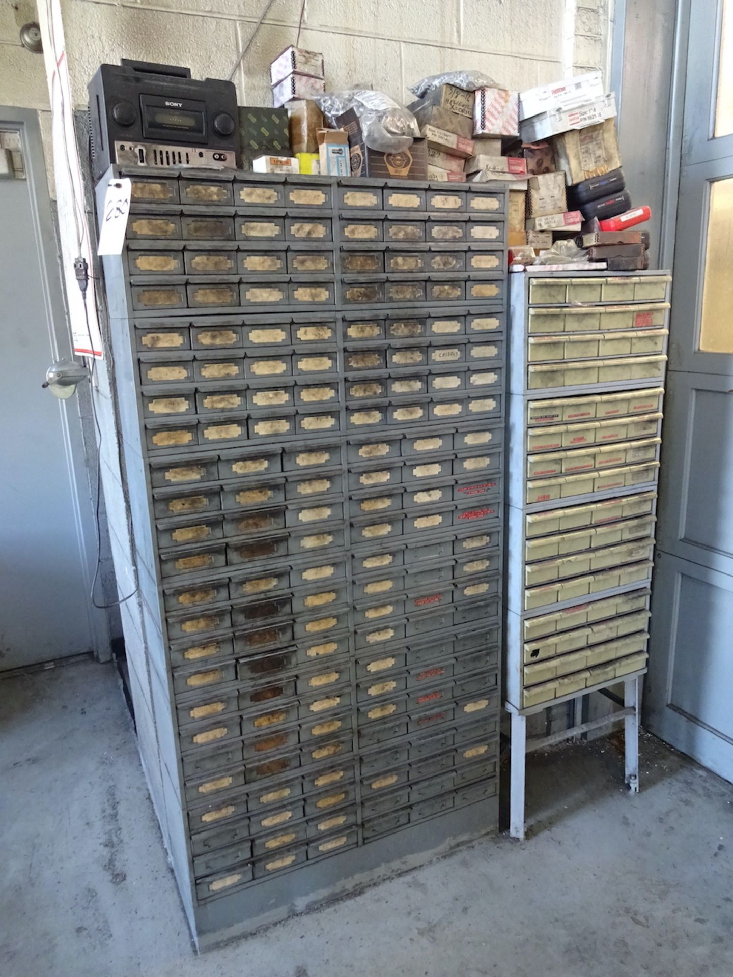 LOT: (2) PARTS CABINETS WITH ASSORTED CONTENTS INCLUDING NUTS, BOLTS, SOCKET HEAD SCREWS, HELICOIL