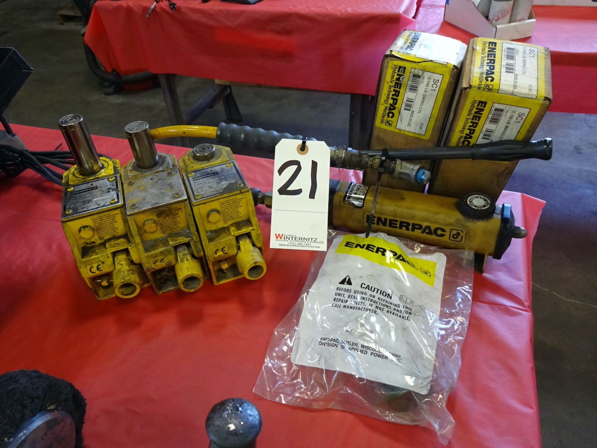 ENERPAC HYDRAULIC JACK SYSTEM WITH ENERPAC P-142 10,000 PSI CYLINDER & (3) ENERPAC MODEL JHA-73