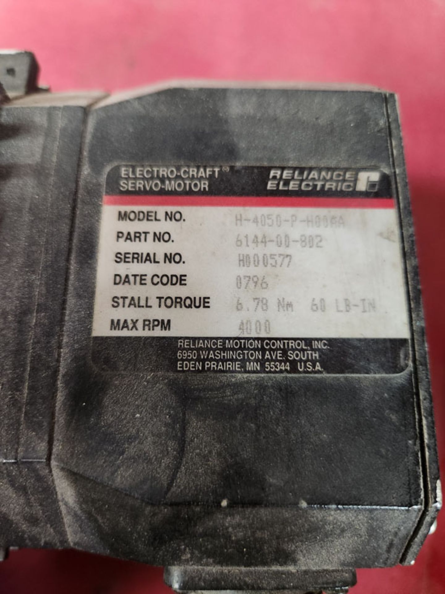 RELIANCE ELECTRIC ELECTRO-CRAFT SERVO-MOTOR MODEL: H-4050-P-H00AA , P/N: 6144-00-802 - Image 2 of 3