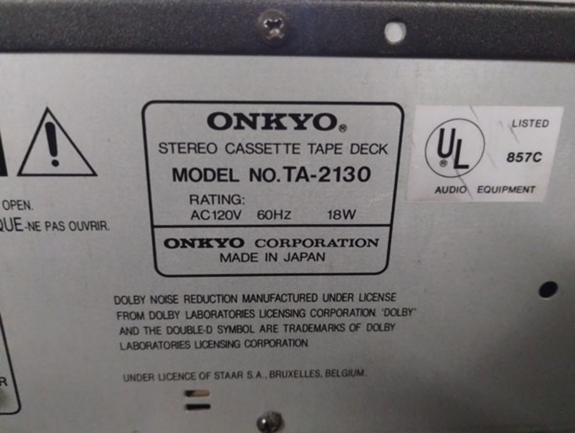 ONKYO TA-2130 STEREO CASSETTE TAPE DECK - AS IS - Image 7 of 7