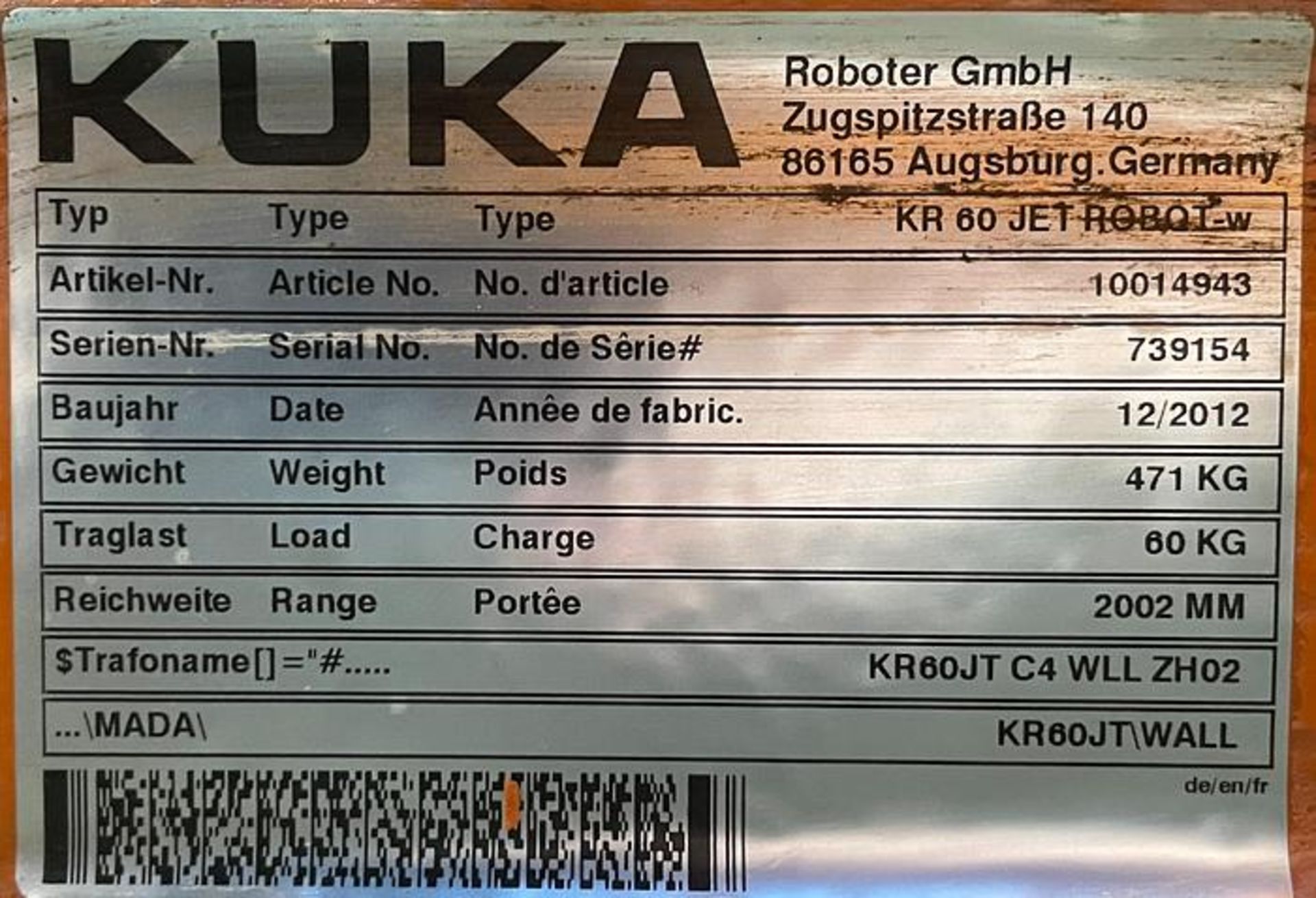 KUKA KR60 JET GANTRY ROBOT SYSTEM WITH KRC4 CONTROLLER, DATE OF MFG. 12/2012, SERIAL NUMBER 739154 - Image 9 of 10