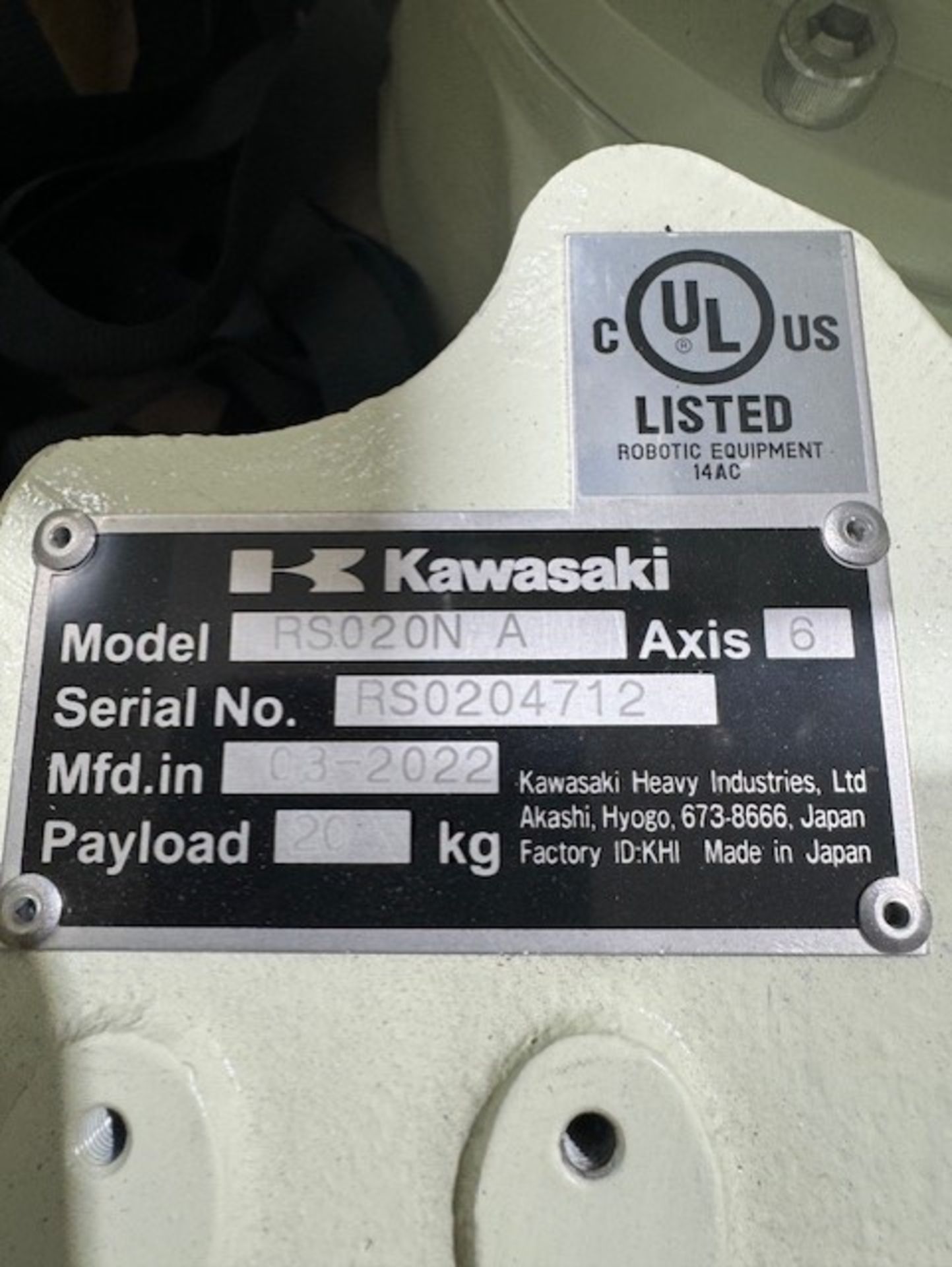 LIGHTLY USED KAWASAKI ROBOT RS020N, SN 4712, 20KG X 1725MM REACH WITH EO1 CONTROLS, CABLES & TEACH - Image 7 of 7