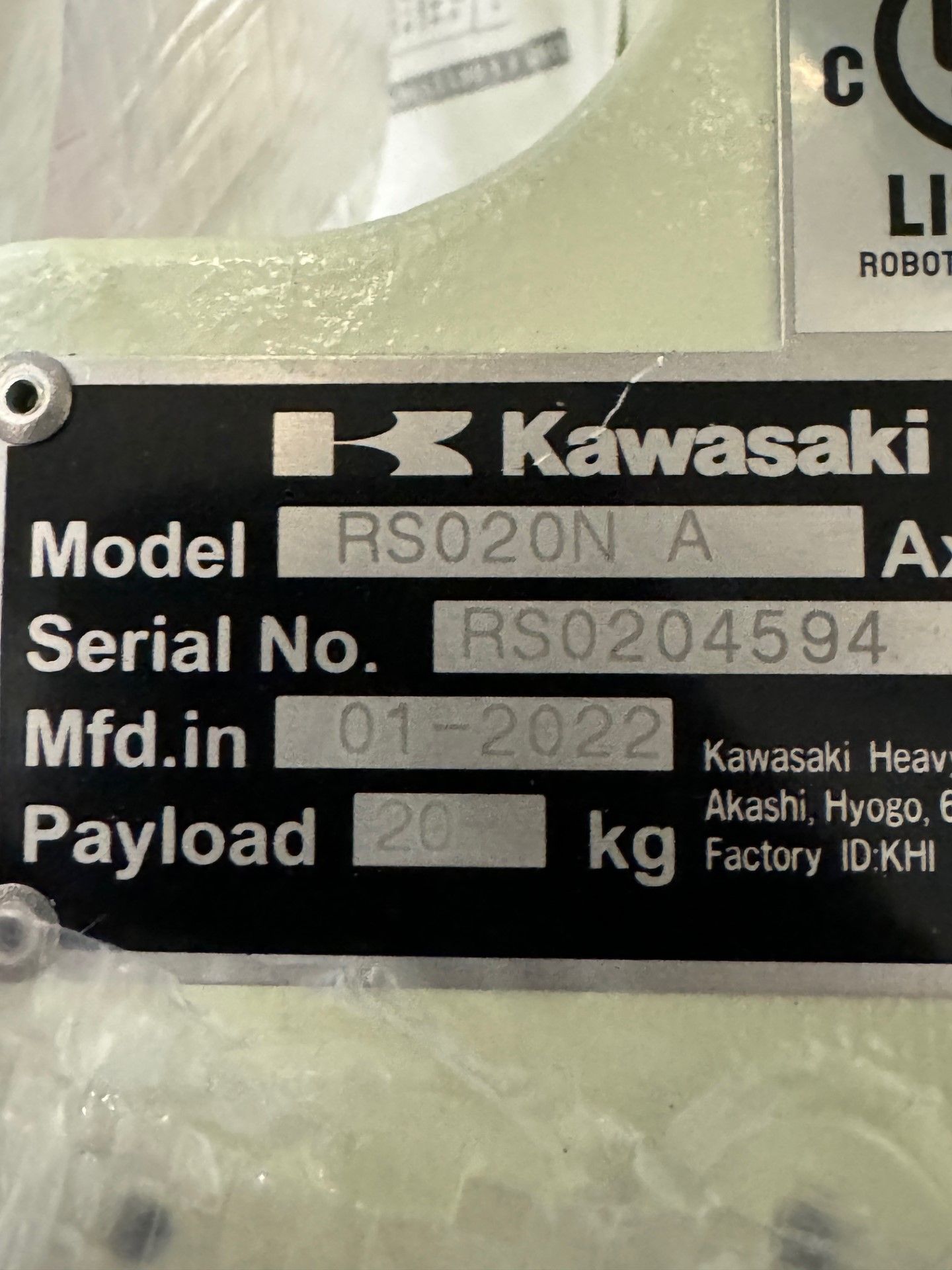 NEW KAWASAKI ROBOT MODEL RS020N, SN 4594, 20KG X 1725MM REACH WITH EO1 CONTROLS, CABLES & TEACH - Image 7 of 7