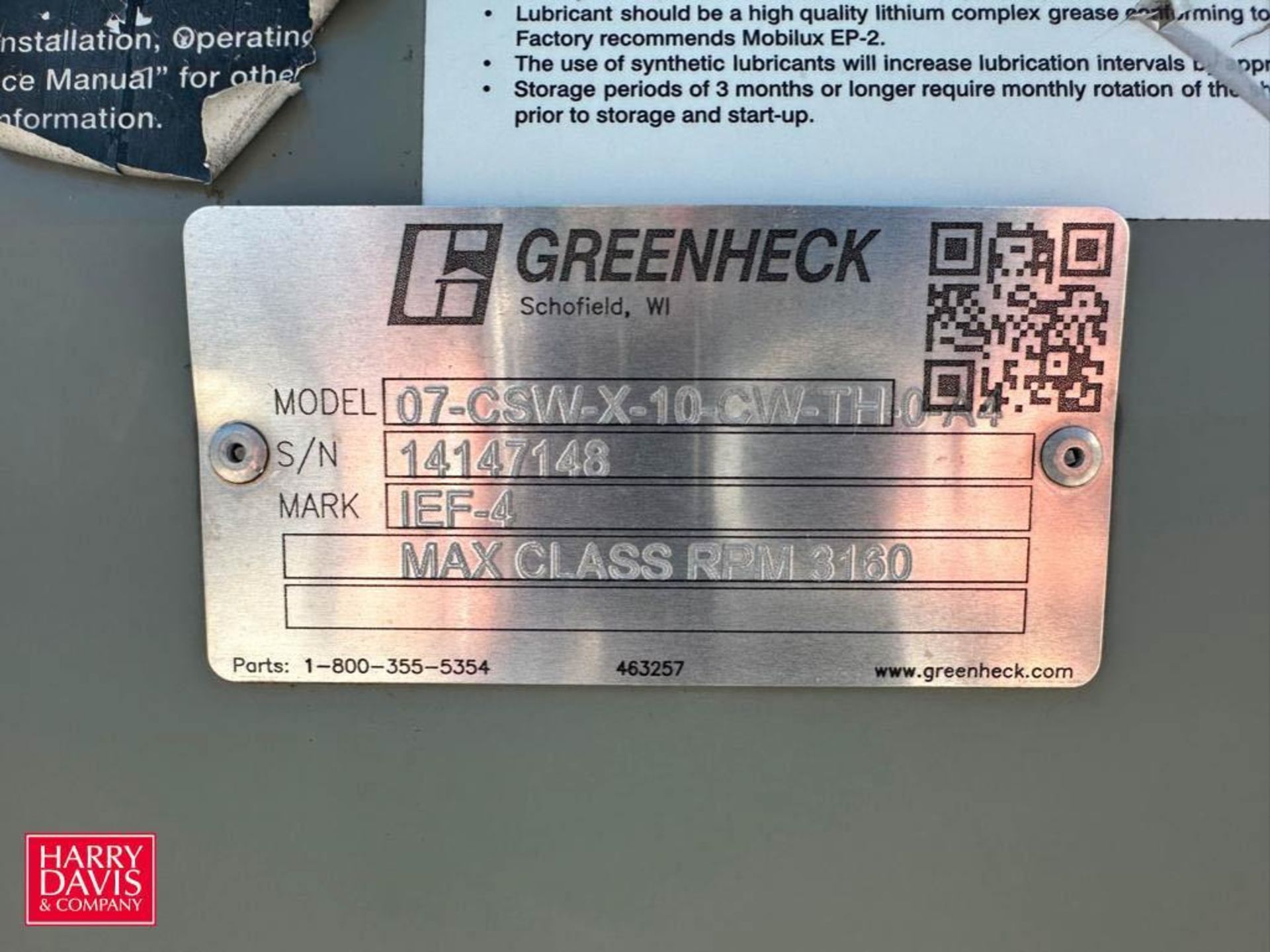 Greenheck Centrifugal Fan, Model: 07-CSW-X-10-CW-TH-0-A4, S/N: 14147148 - Rigging Fee: $2,500 - Image 2 of 2