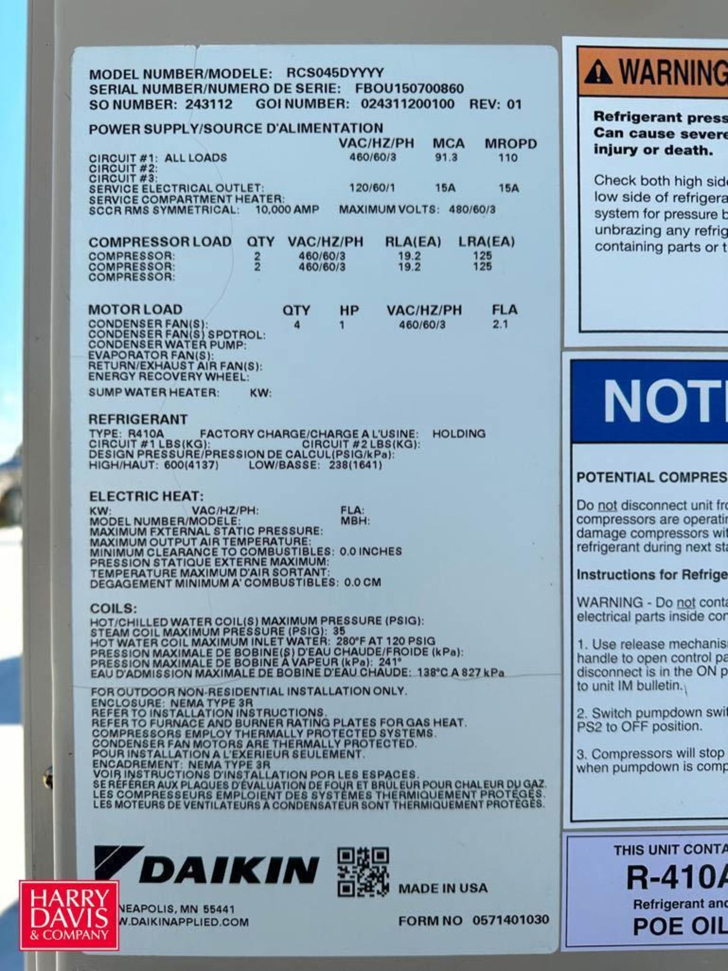 Daikin Air-Cooled Split System Condensing Unit, Model: RCS045DYYYY, S/N: FBOU150700860 - Image 3 of 3