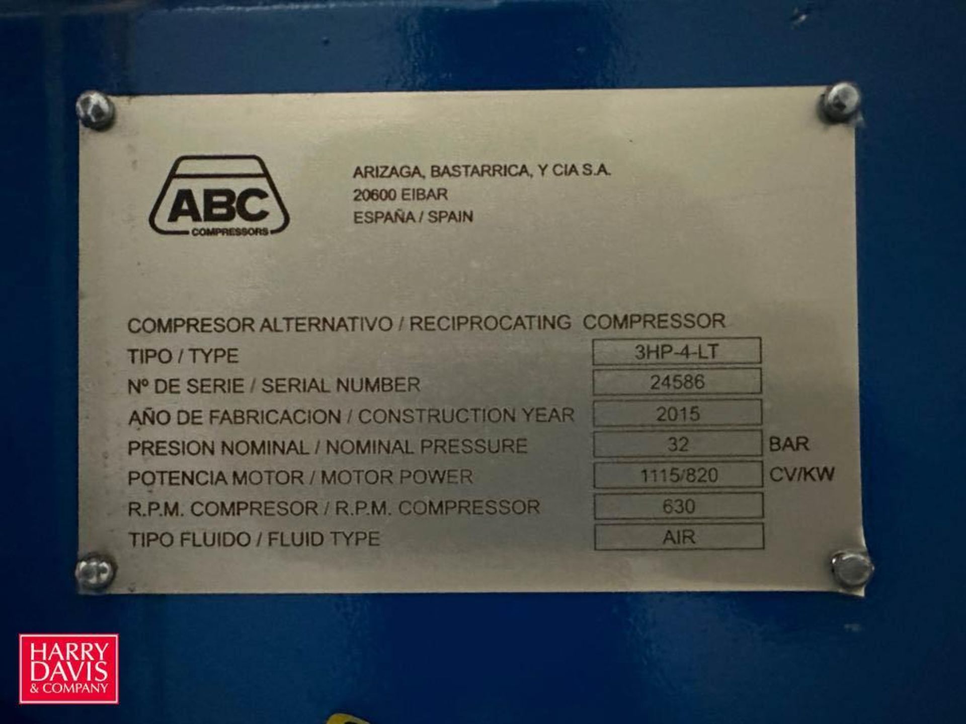 2015 ABC Reciprocating High Pressure Air Compressor, Model: 3HP-4-LT, S/N: 24586 with WEG 1114 HP - Image 2 of 3