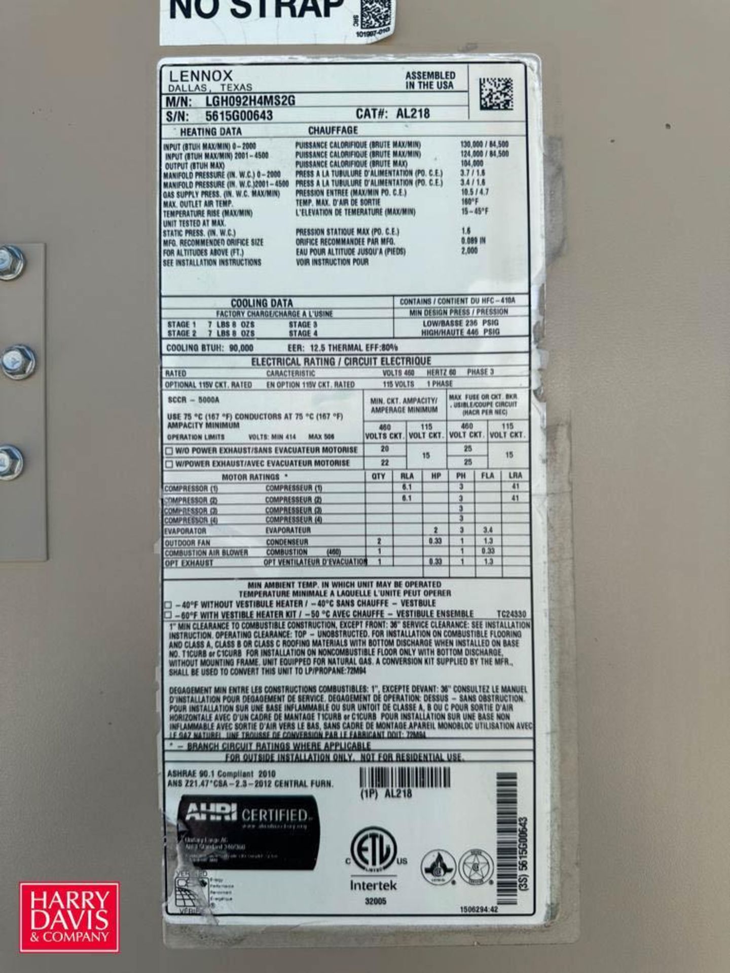 Lennox Heating and Cooling Unit, Model: LGH092H4MS2G, S/N: 5615G00643 - Rigging Fee: $2,500 - Image 3 of 3