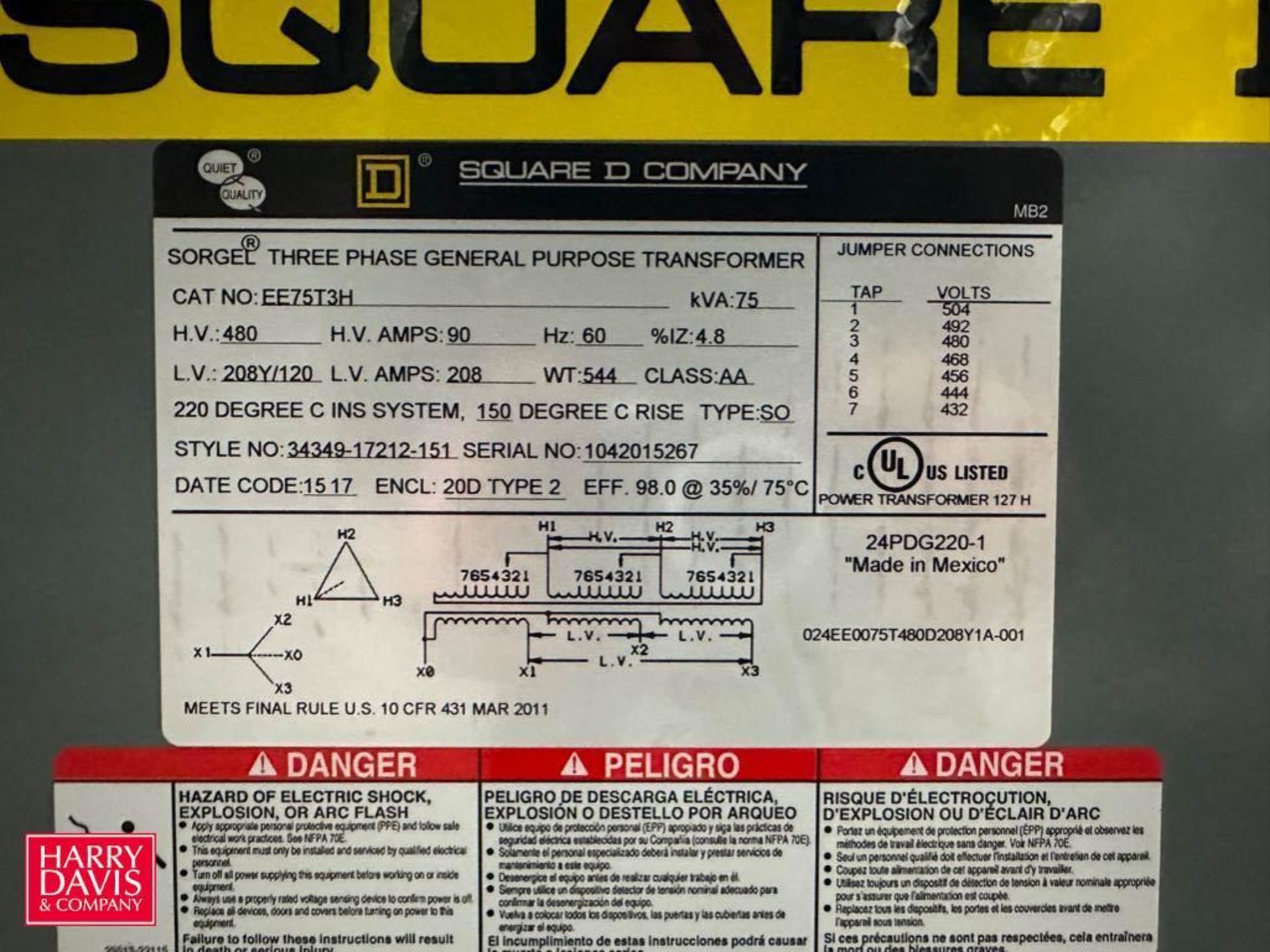 Square D 3-Phase Transformer, Model: EE75T3H - Rigging Fee: $100 - Image 2 of 2