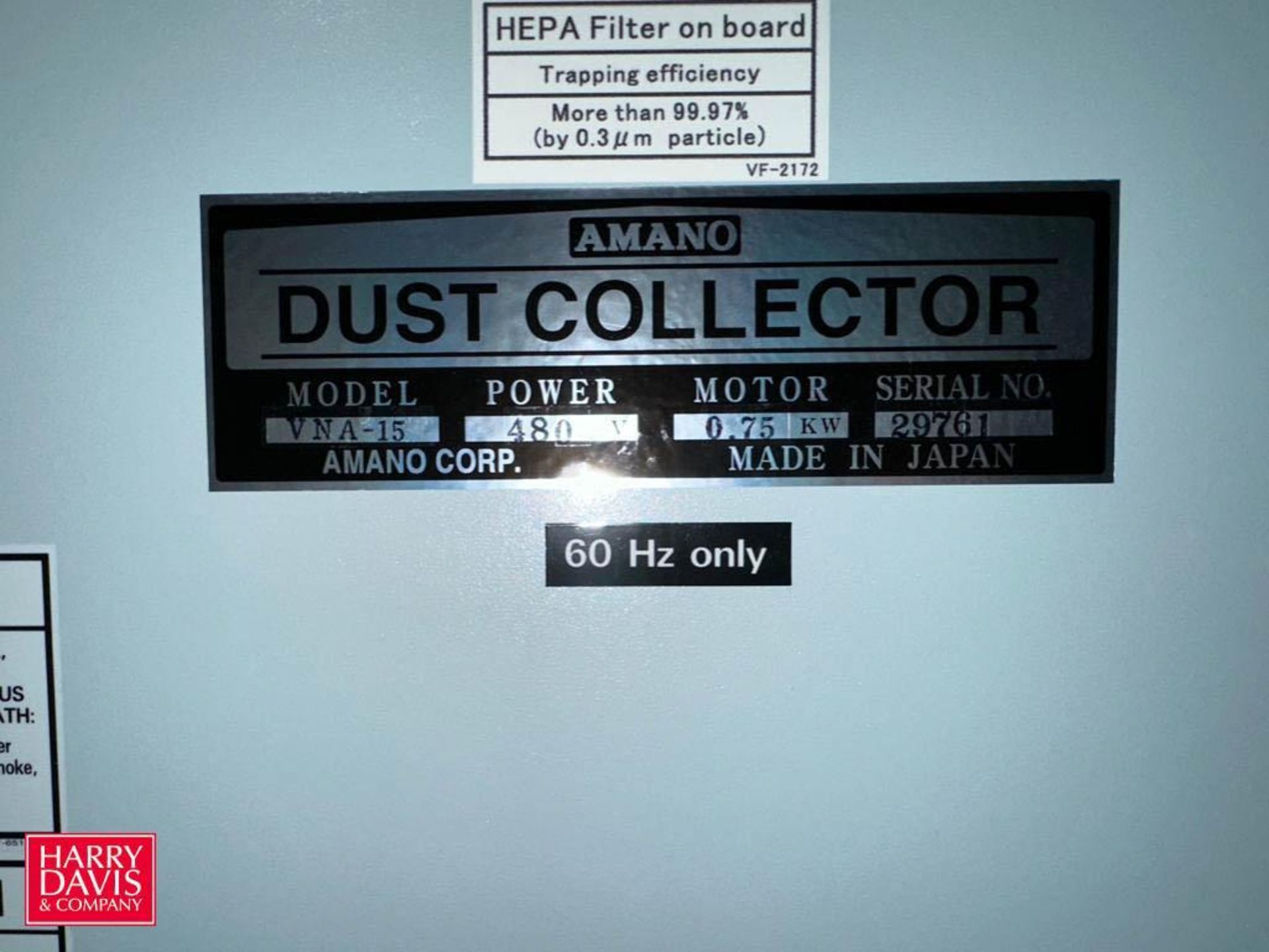 AMANO Dust Collector, Model: VNA-15, S/N: 29761 with Pall S/S Inline Filter Housing Pneumatic Valve - Image 2 of 2