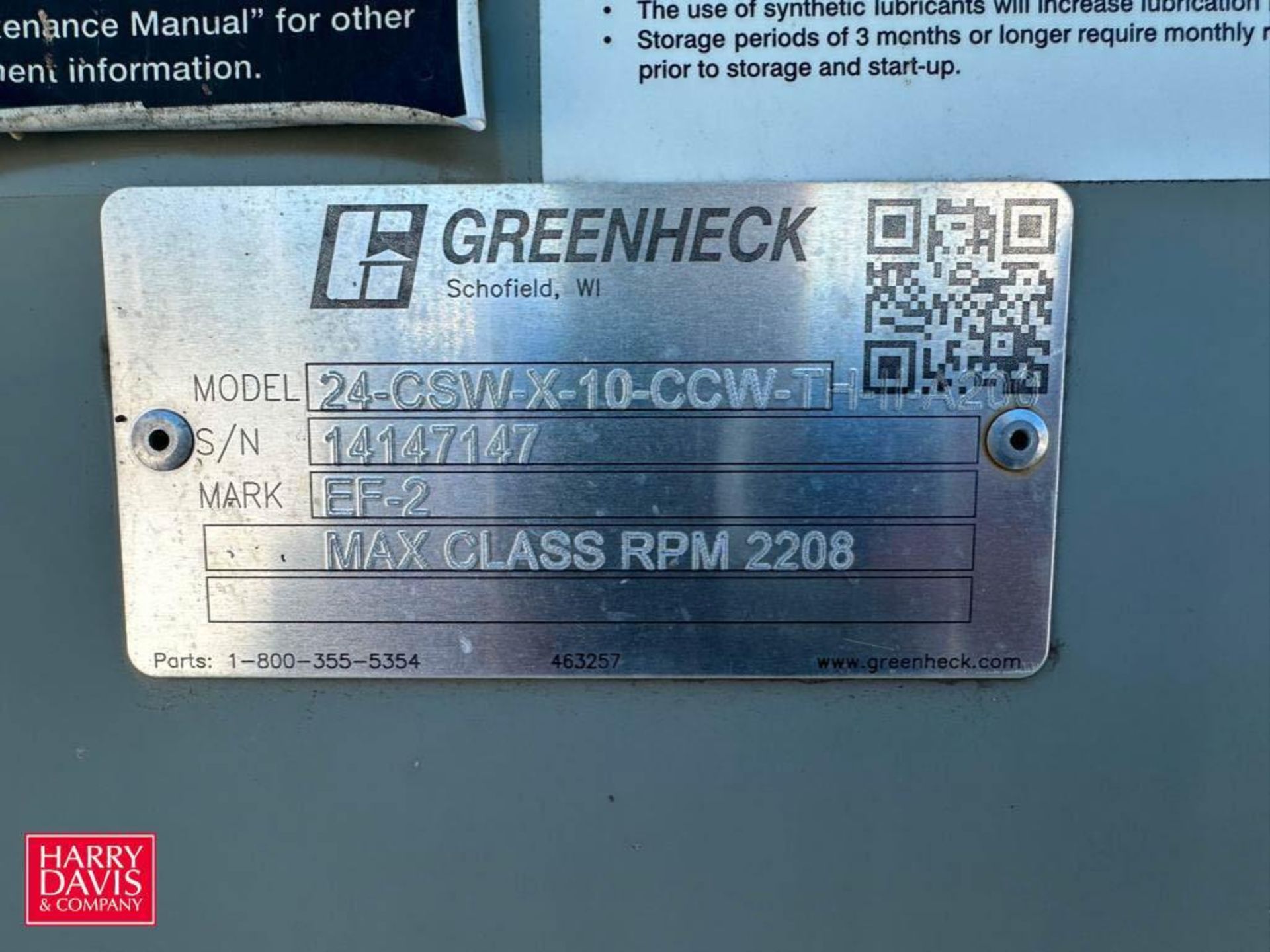 Greenheck Centrifugal Fan, Model: 24-CSW-X-10-CCW-TH-11-A200, S/N: 14147147 - Rigging Fee: $2,500 - Image 2 of 2