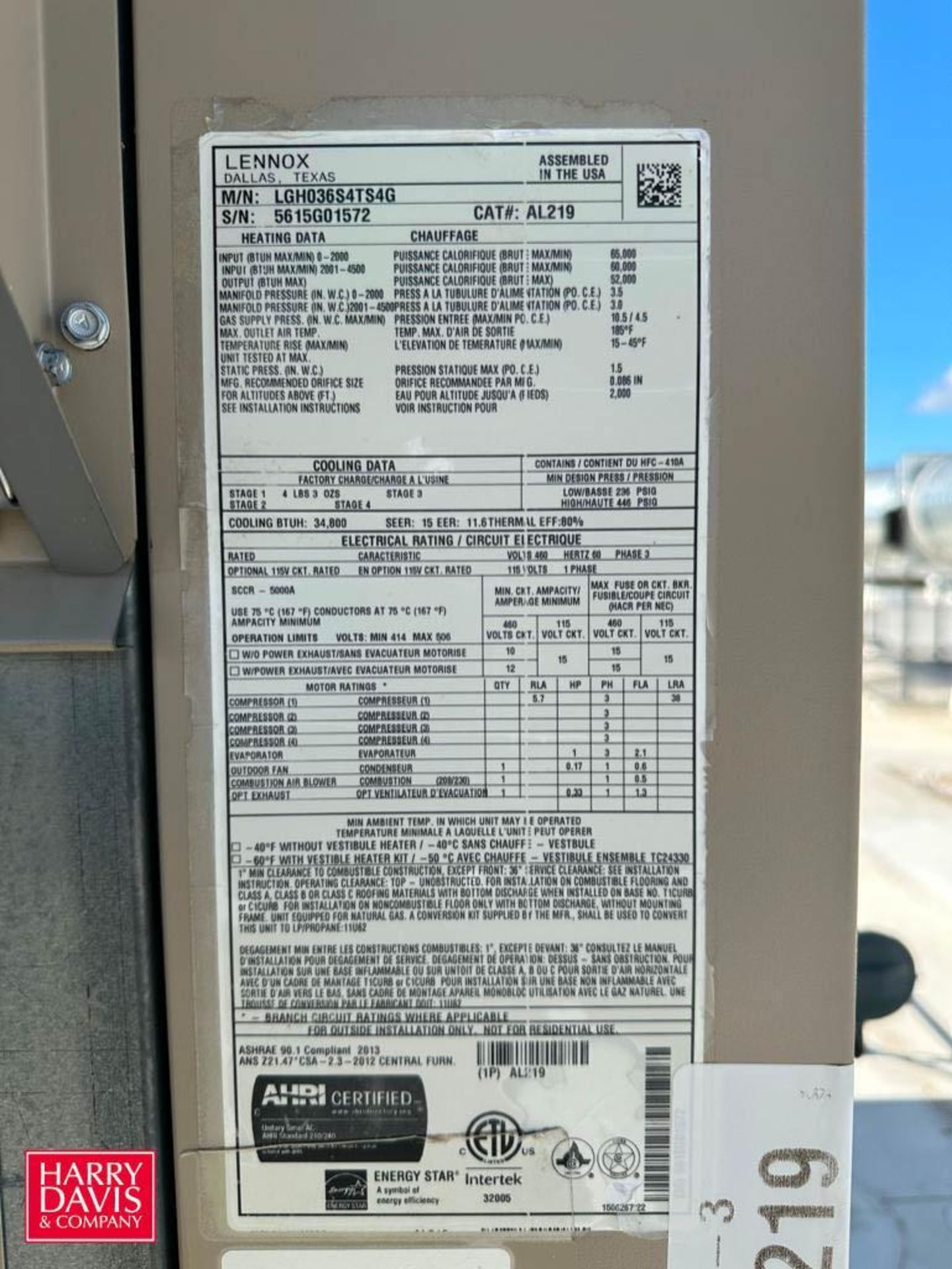 Lennox Heating and Cooling Unit, Model: LGH036S4TS4G, S/N: 5615G01572 - Rigging Fee: $2,500 - Image 3 of 3