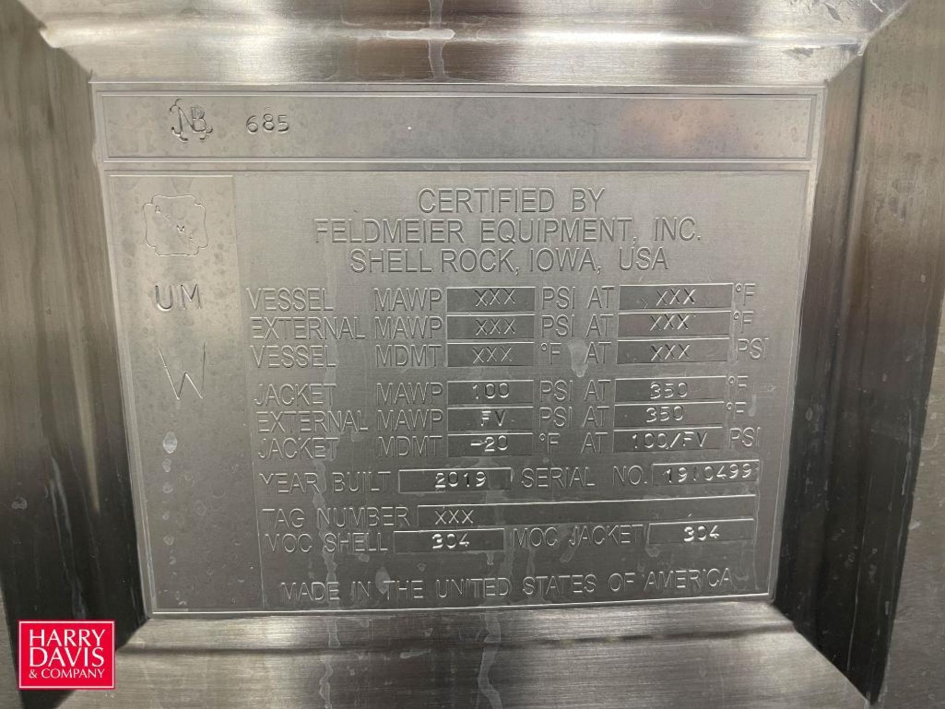 NEVER USED 2019 Feldmeier 1,500 Gallon Jacketed Processor, S/N: 1910499 with Vertical Agitation, S/S - Image 3 of 3