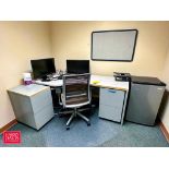 L-Shaped Desk, Refrigerator, Chairs, Bookcase, Monitors and Keyboards - Rigging Fee: $300