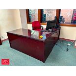 L-Shaped Desk, Lateral File Cabinet, Bookcase, 4-Drawer File Cabinet, Chairs and Monitors - Rigging
