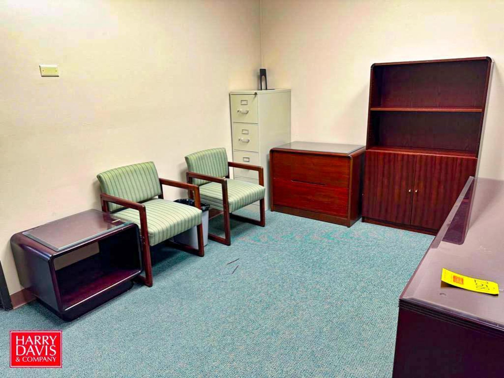 L-Shaped Desk, Lateral File Cabinet, Bookcase, 4-Drawer File Cabinet, Chairs and Monitors - Rigging - Image 2 of 2