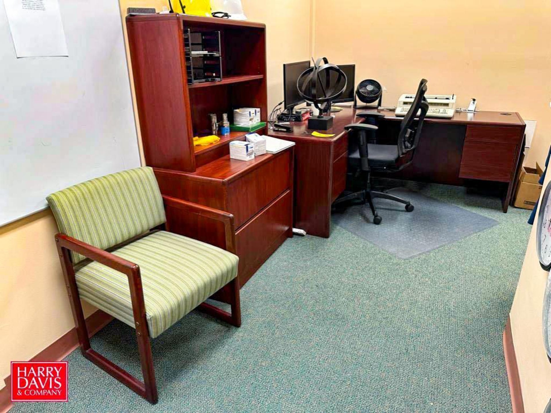 (2) L-Shaped Desks, Lateral File Cabinet, Typewriter, Chairs and Monitors - Rigging Fee: $350