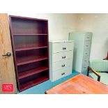 L-Shaped Desk, Bookcase, Lateral File Cabinet, 4-Drawer File Cabinet and Chair - Rigging Fee: $400