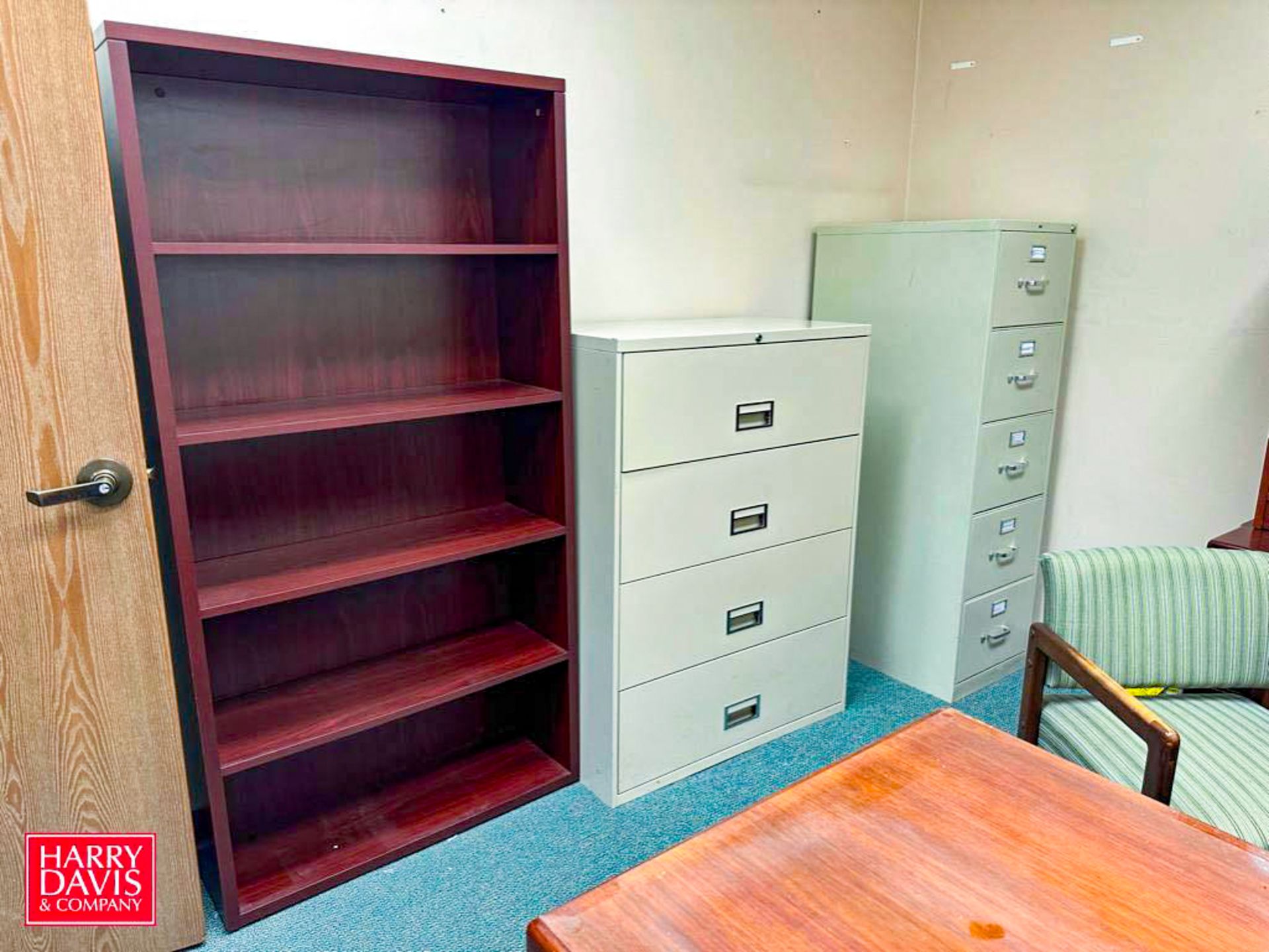 L-Shaped Desk, Bookcase, Lateral File Cabinet, 4-Drawer File Cabinet and Chair - Rigging Fee: $400
