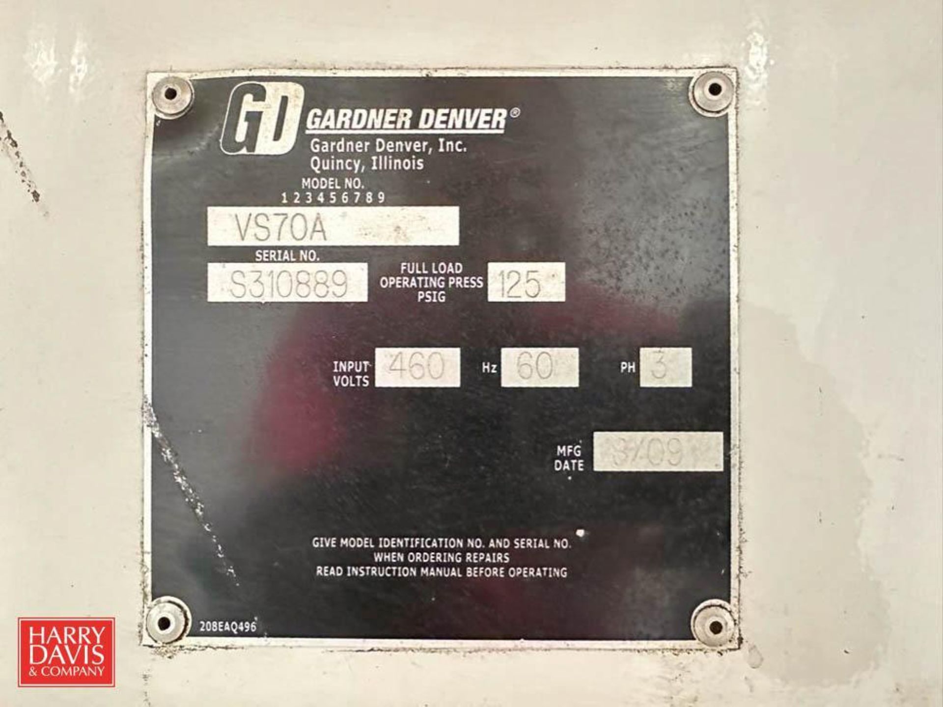 Gardner Denver 94 HP Air Compressor, Model: VS70, S/N: S310889, 125 PSI - Rigging Fee: $400 - Image 3 of 4