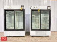 Cole-Parmer Glass Sliding Door Laboratory Coolers, Model: MH45PA-GARE-CP, S/N: 0121486301130412