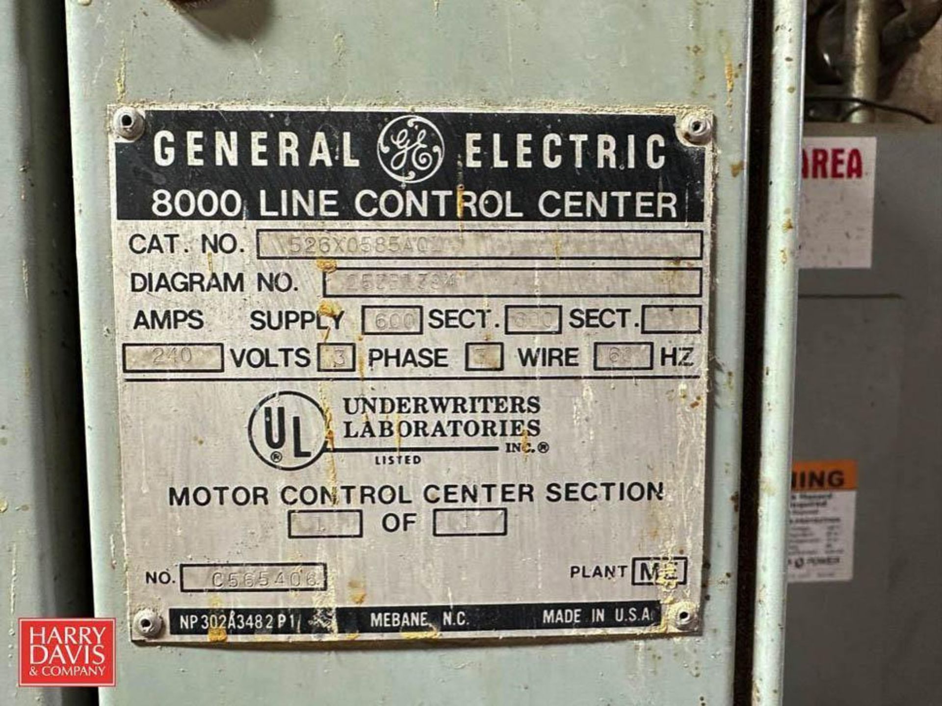 GE 8000 600/600 Amp Motor Control Center, S/N: 526X0585A01 with (4) Disconnects - Image 2 of 2