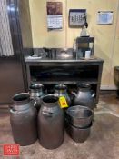 (5) 10 Gallon S/S Milk Cans, S/S Buckets, S/S Table: 4' x 2' x 3' with (2) Shelves and S/S Stand
