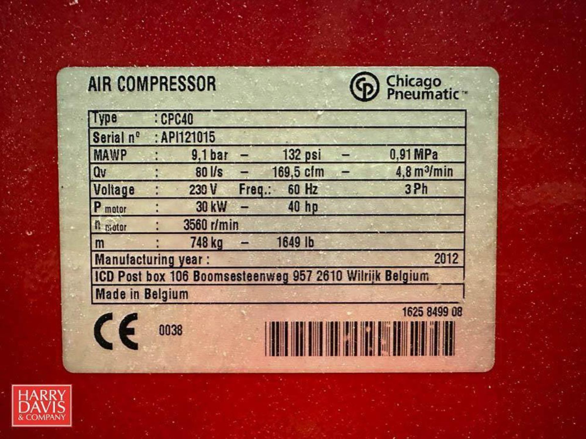 2012 Chicago Pneumatic 40 HP 132 PSI Air Compressor, Model: CPC40, S/N: API121015 - Bild 2 aus 2