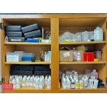 Assorted Lab Supplies, Including: Chemical Solution Bottles, Test Tubes, Test Tube Racks