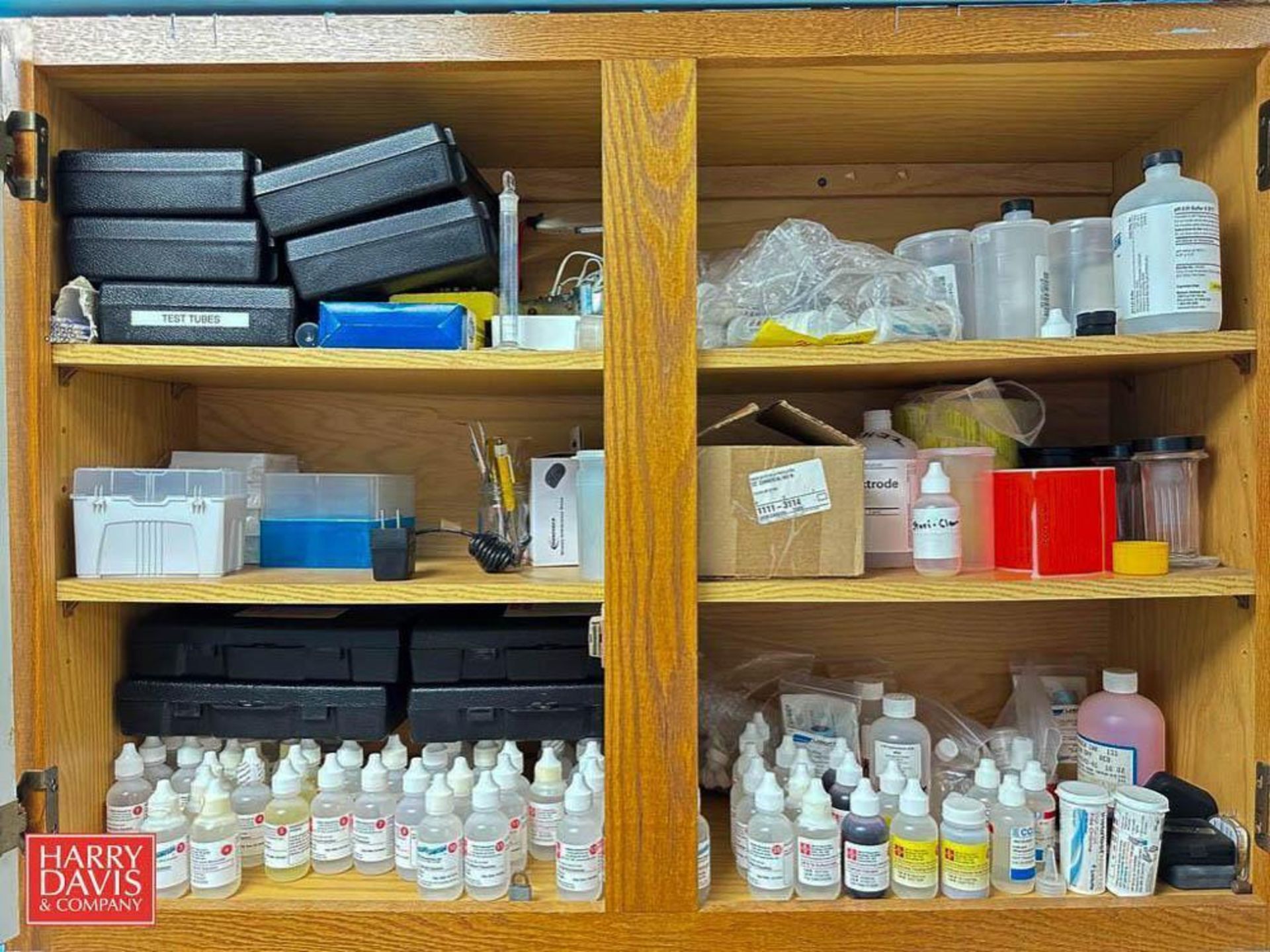 Assorted Lab Supplies, Including: Chemical Solution Bottles, Test Tubes, Test Tube Racks