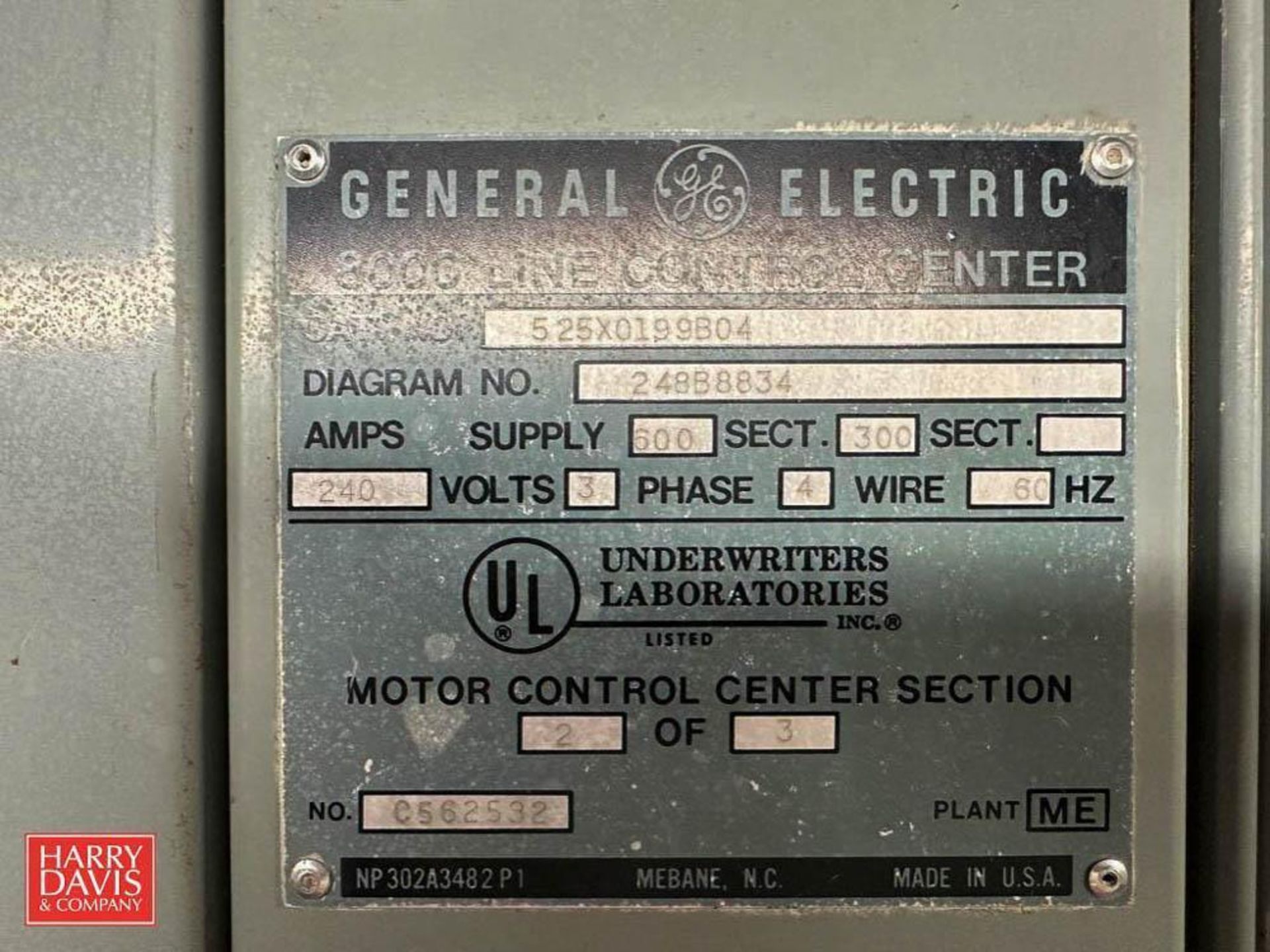 GE 8000 600/600 Amp Motor Control Center, S/N: 525X0199B04 with (14) Disconnects - Image 2 of 2