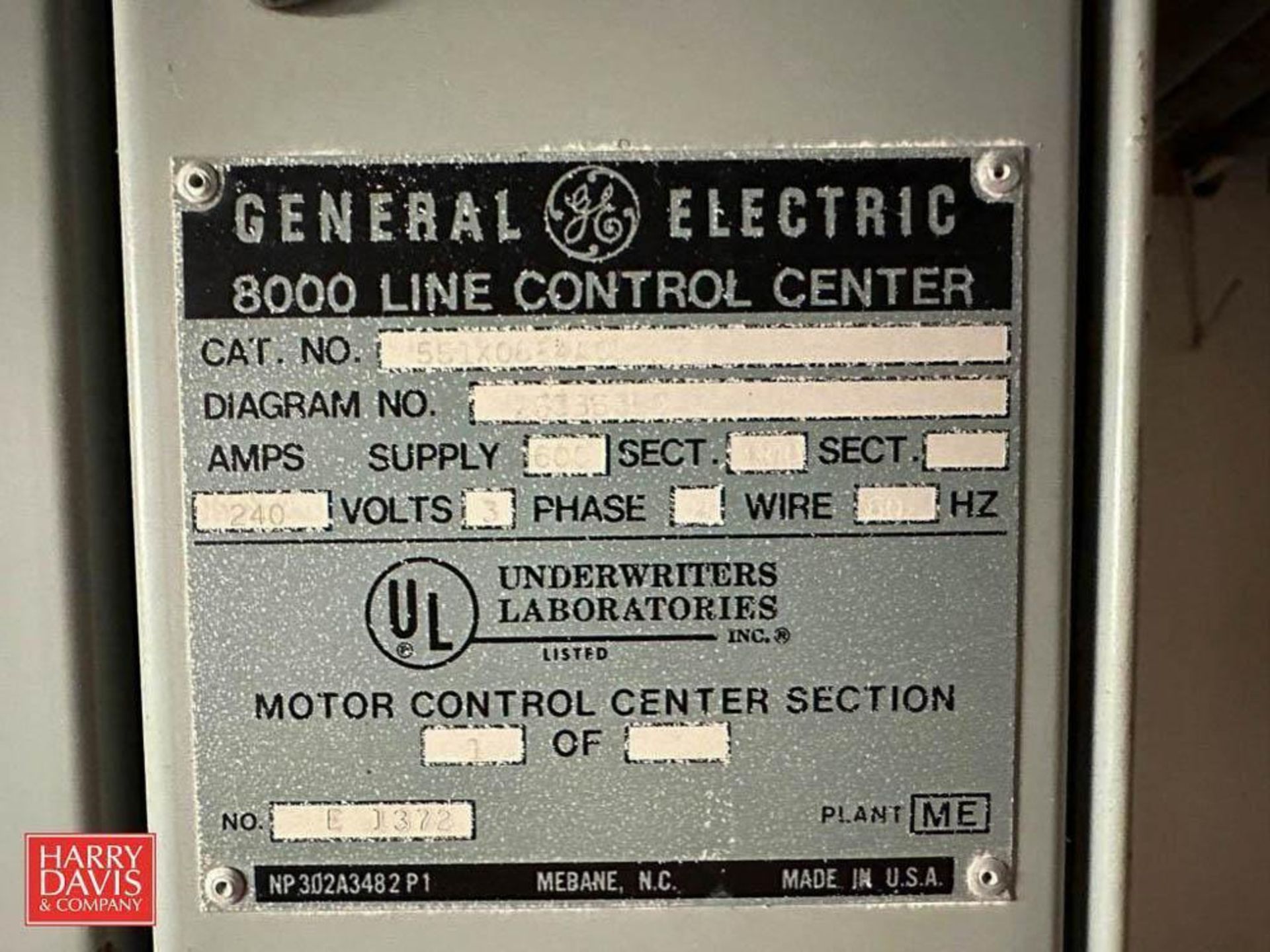 GE 8000 600/600 Amp Motor Control Center, S/N: 551X0884A01 with (3) Disconnects - Image 2 of 2