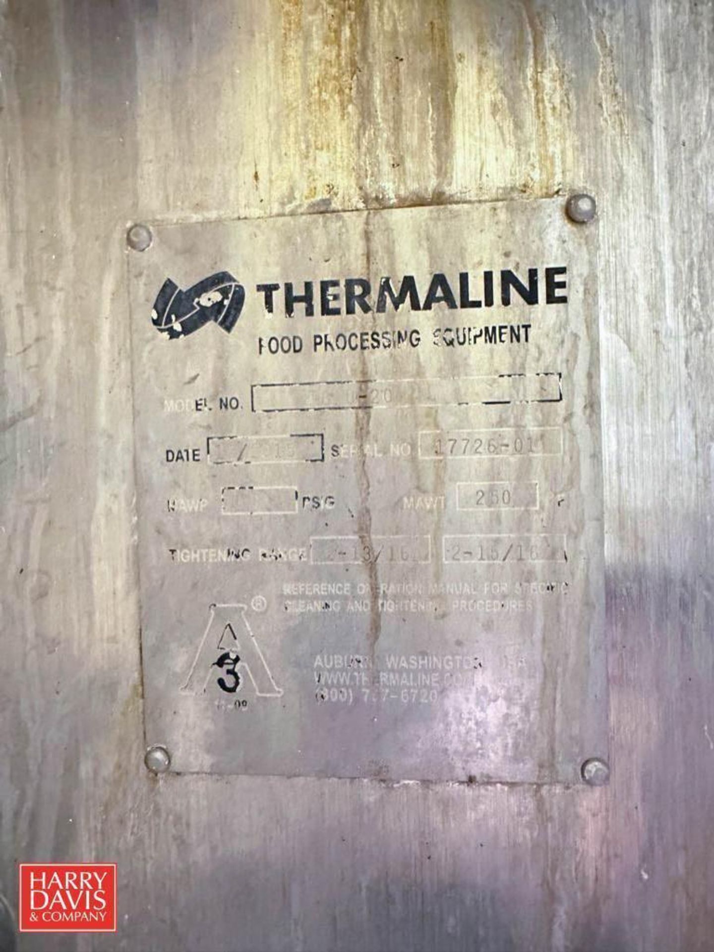 Thermaline Stack 1-Zone S/S Plate Heat Exchanger(s), Model: T8U-20, S/N: 17726-02 with Valves, Gauge - Image 3 of 3