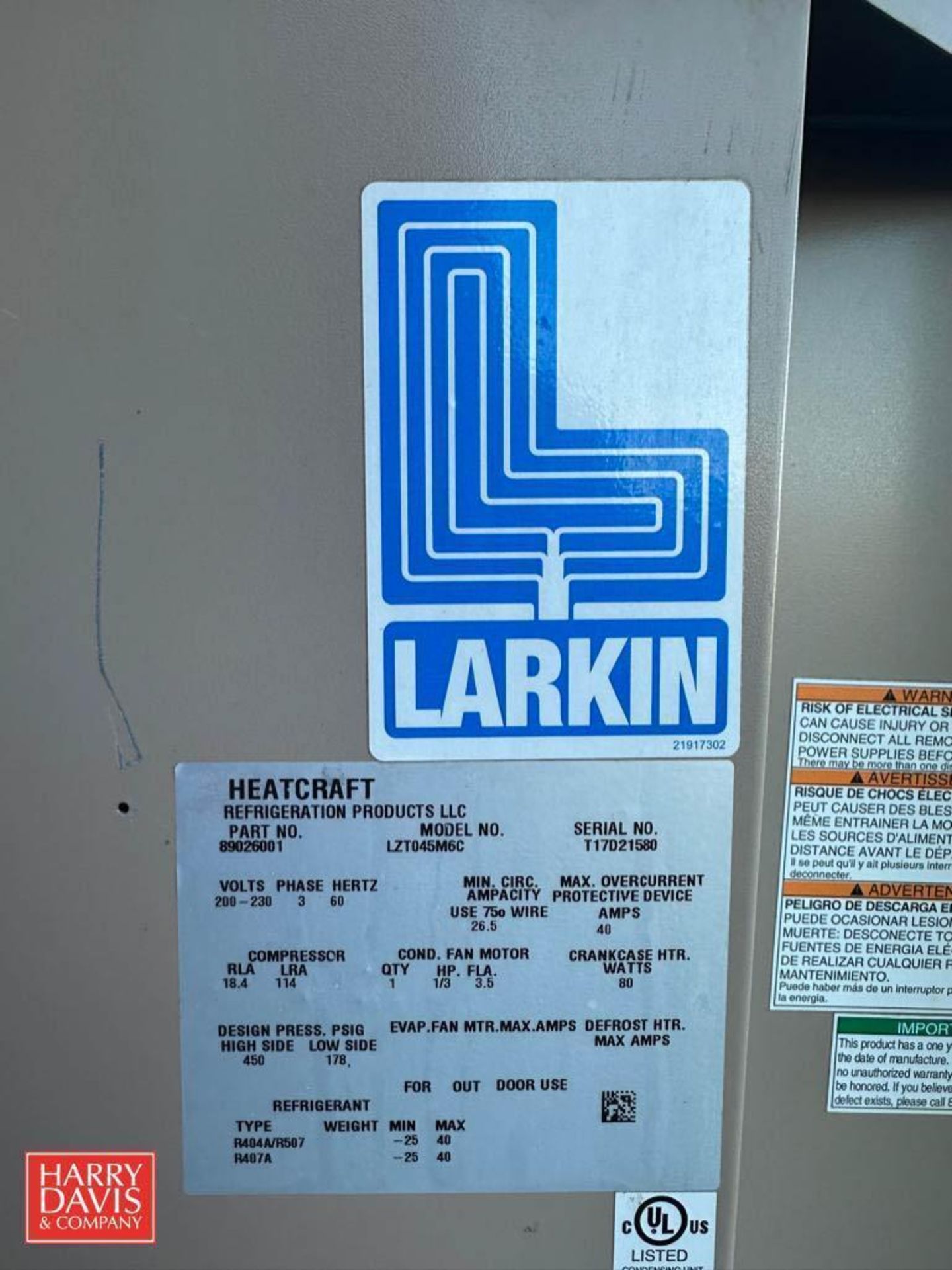 Bohn and Larkin 6-Fan Freon Freezer Blower with Compressor (Located Outside) - Image 4 of 4
