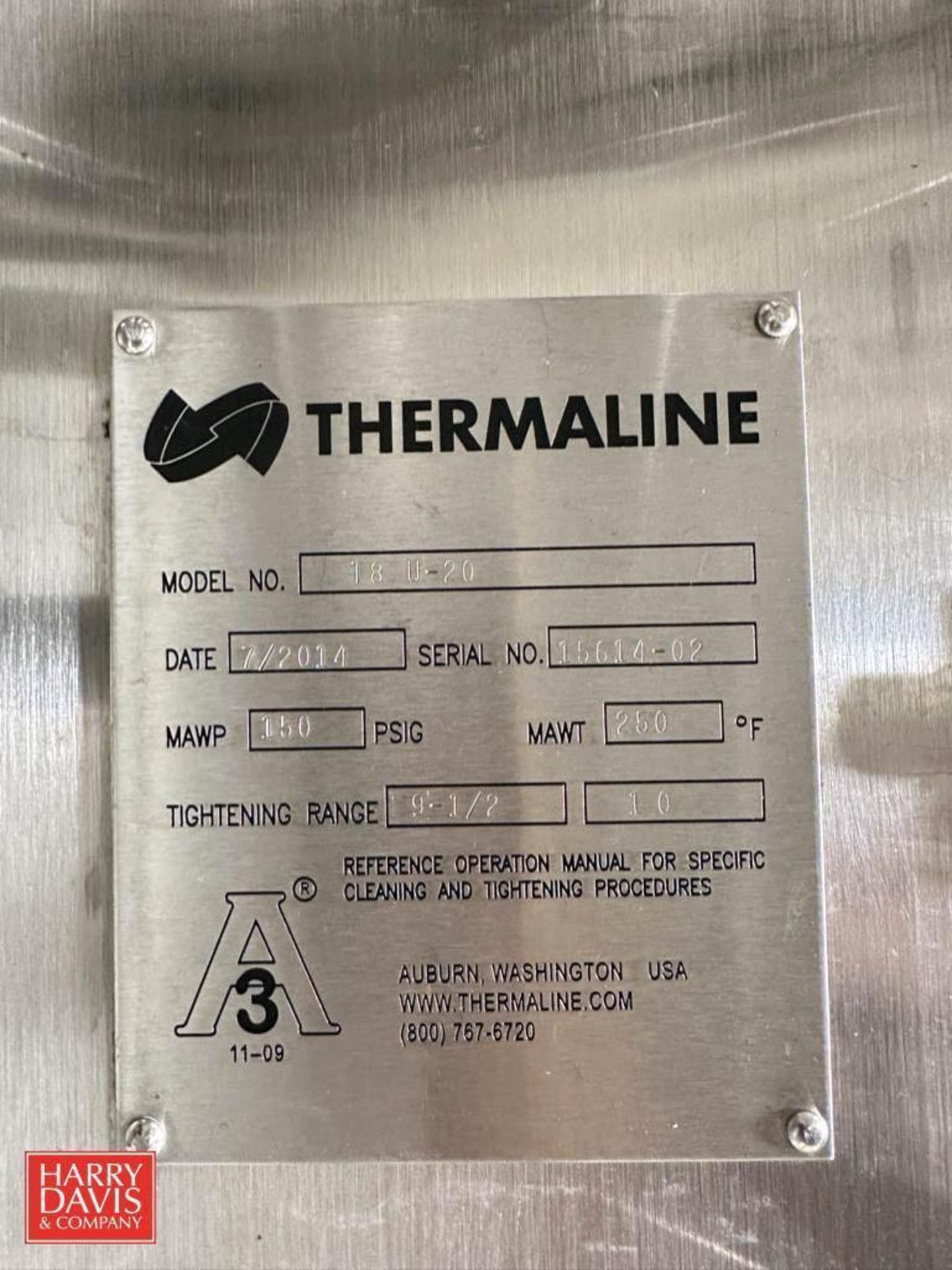 2014 Thermaline S/S Plate Heat Exchanger, Model: T8 U-20, S/N: 15614-02 - Bild 2 aus 2